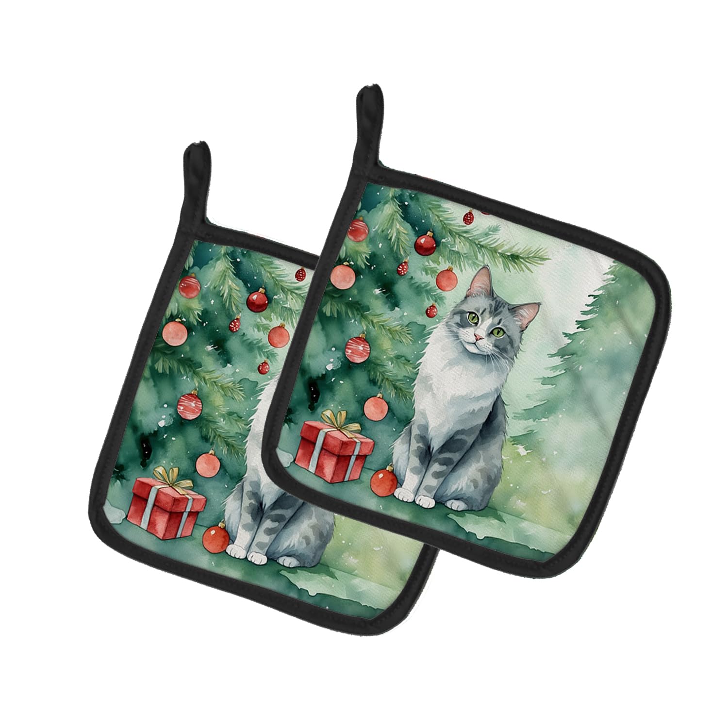 Carolines Treasures Australian Mist Cat by The Christmas Tree Pair of Pot Holders Kitchen Heat Resistant Pot Holders Sets Oven Hot Pads for Cooking Baking BBQ, 7 1/2 x 7 1/2