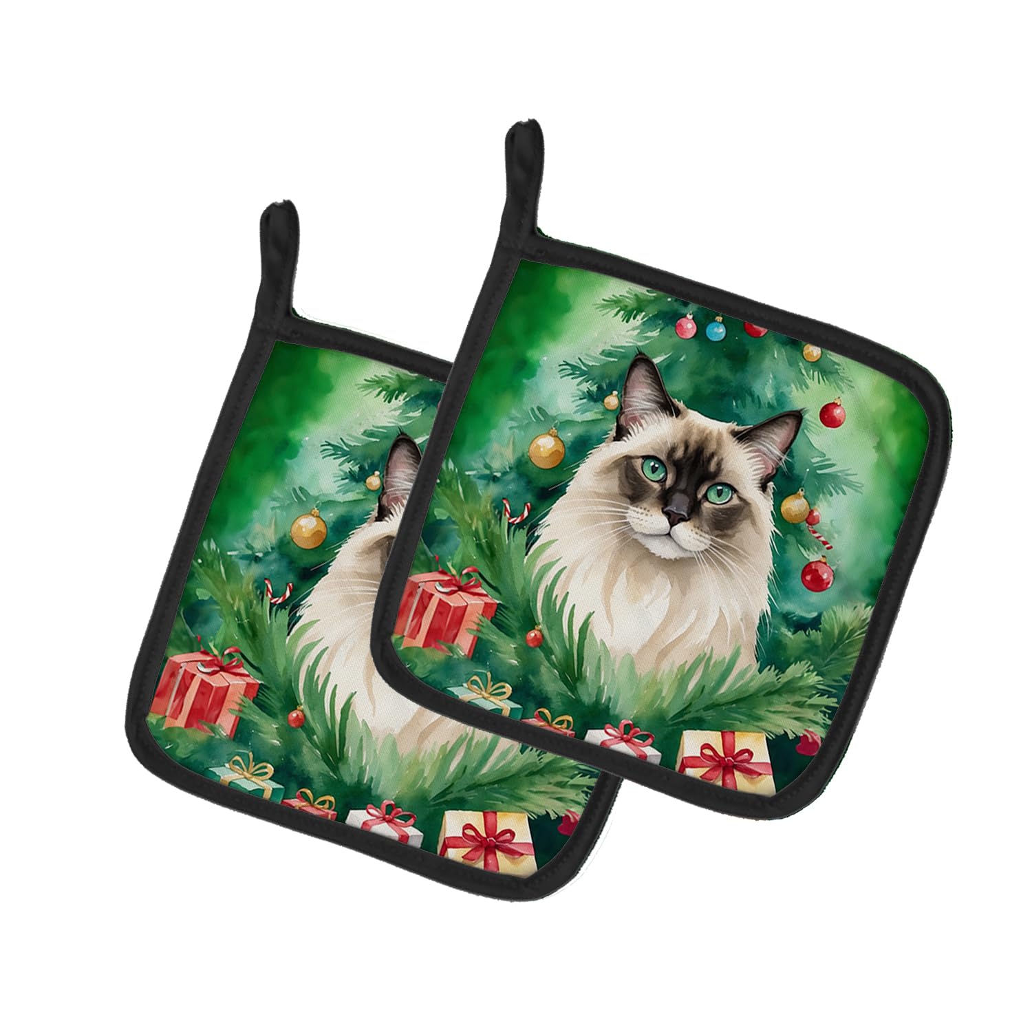 Carolines Treasures Balinese Cat by The Christmas Tree Pair of Pot Holders Kitchen Heat Resistant Pot Holders Sets Oven Hot Pads for Cooking Baking BBQ, 7 1/2 x 7 1/2