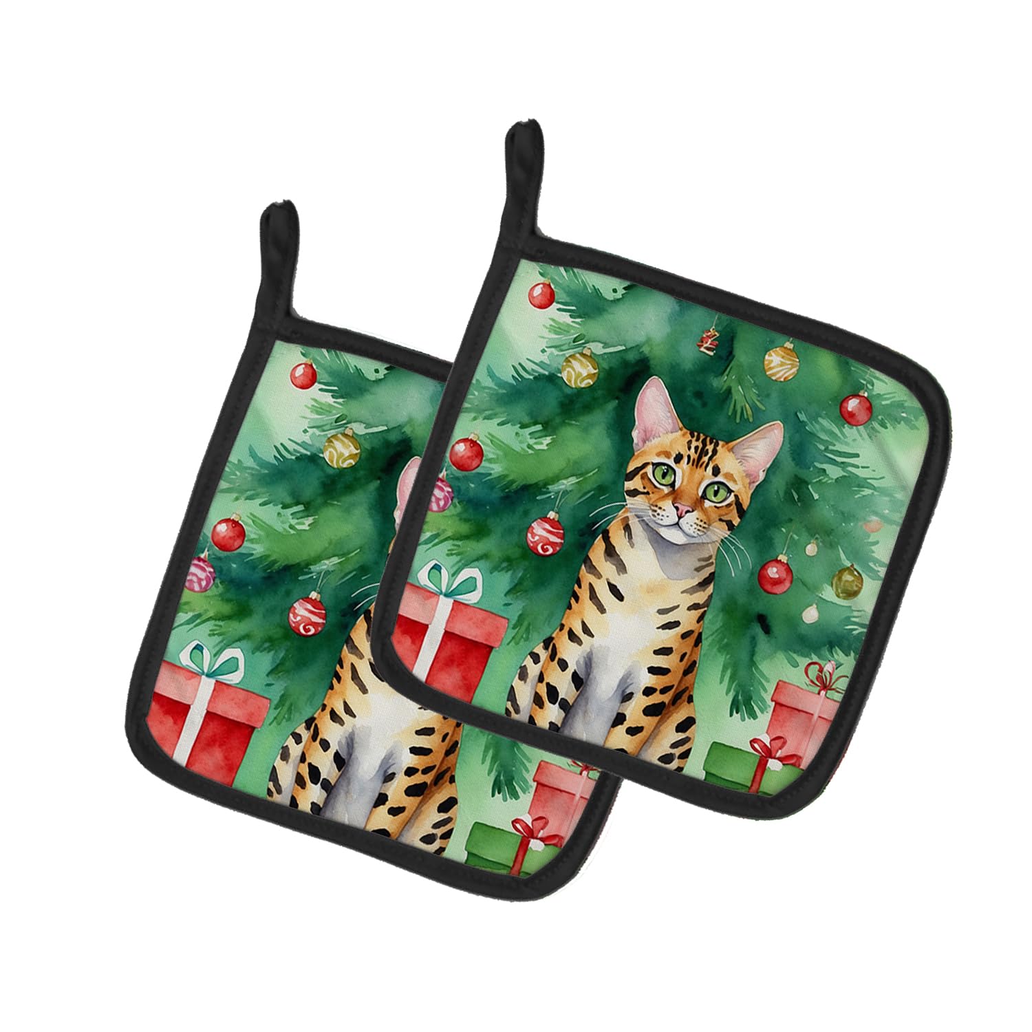 Carolines Treasures Bengal Cat by The Christmas Tree Pair of Pot Holders Kitchen Heat Resistant Pot Holders Sets Oven Hot Pads for Cooking Baking BBQ, 7 1/2 x 7 1/2