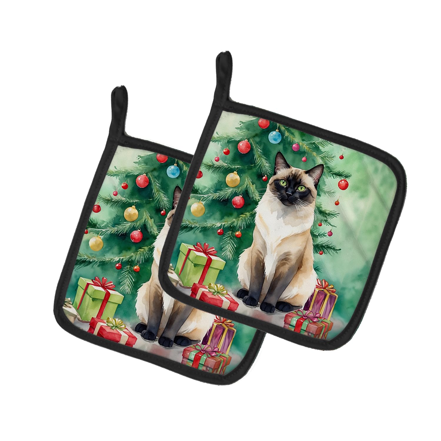Carolines Treasures Birman Cat by The Christmas Tree Pair of Pot Holders Kitchen Heat Resistant Pot Holders Sets Oven Hot Pads for Cooking Baking BBQ, 7 1/2 x 7 1/2