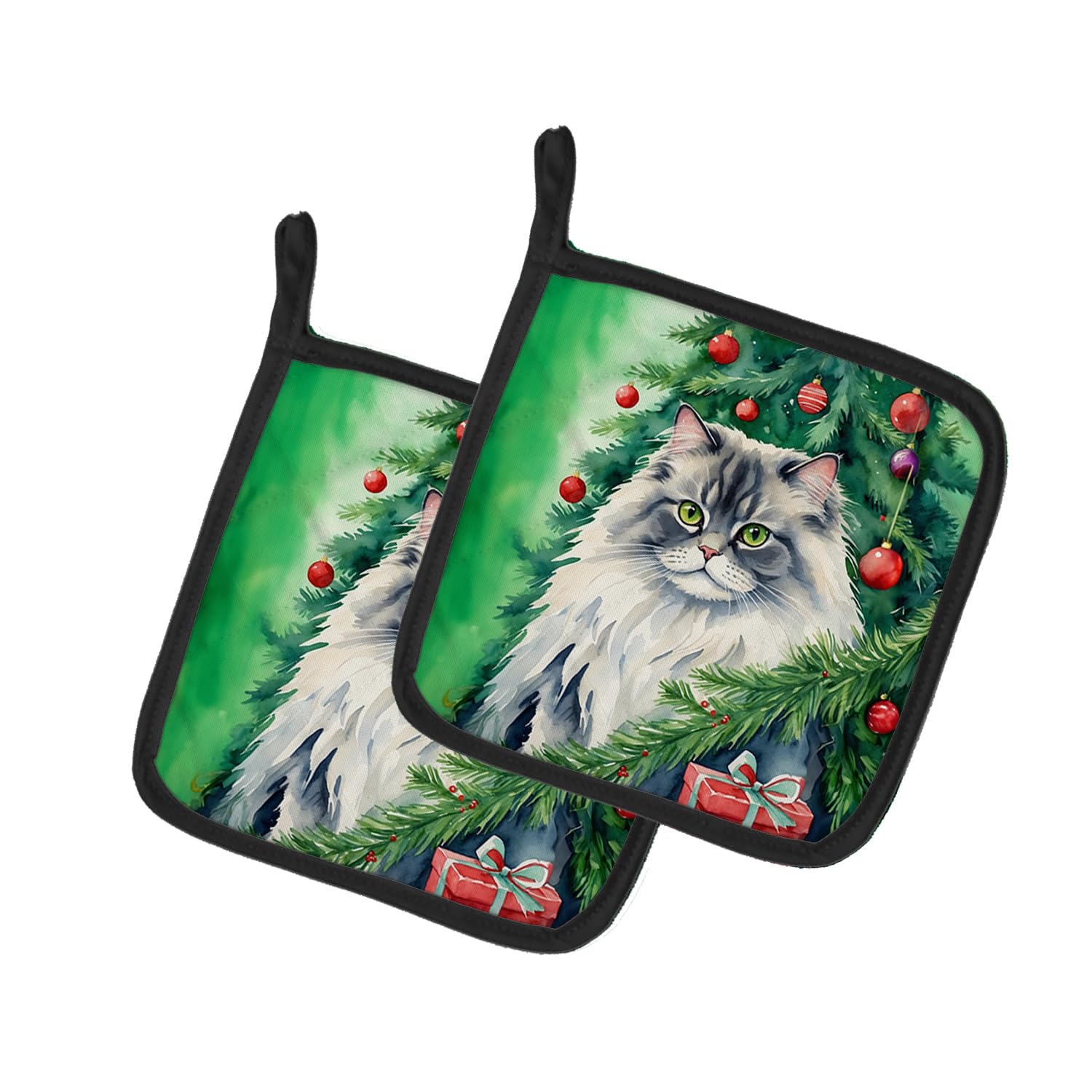 Carolines Treasures British Longhair Cat by The Christmas Tree Pair of Pot Holders Kitchen Heat Resistant Pot Holders Sets Oven Hot Pads for Cooking Baking BBQ, 7 1/2 x 7 1/2