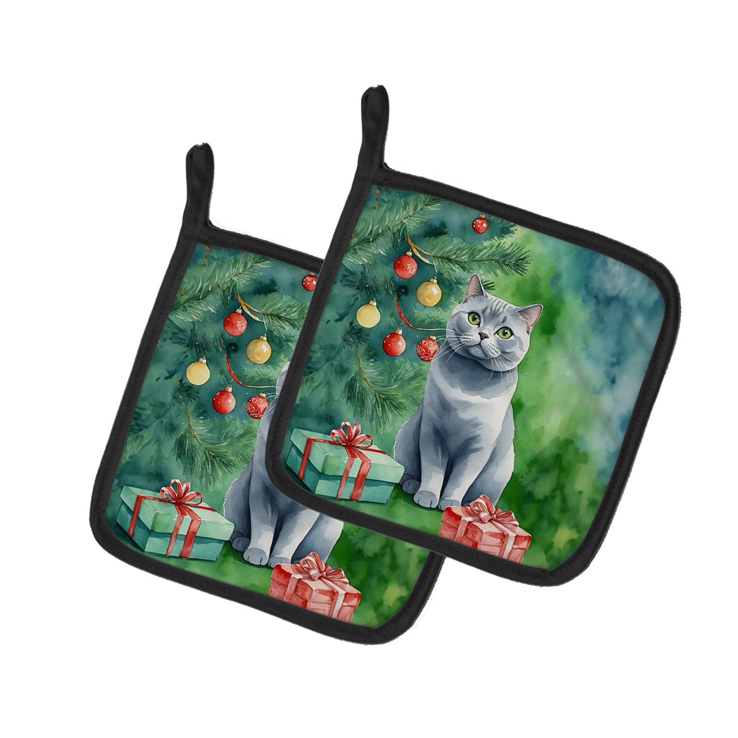 Carolines Treasures British Shorthair Cat by The Christmas Tree Pair of Pot Holders Kitchen Heat Resistant Pot Holders Sets Oven Hot Pads for Cooking Baking BBQ, 7 1/2 x 7 1/2