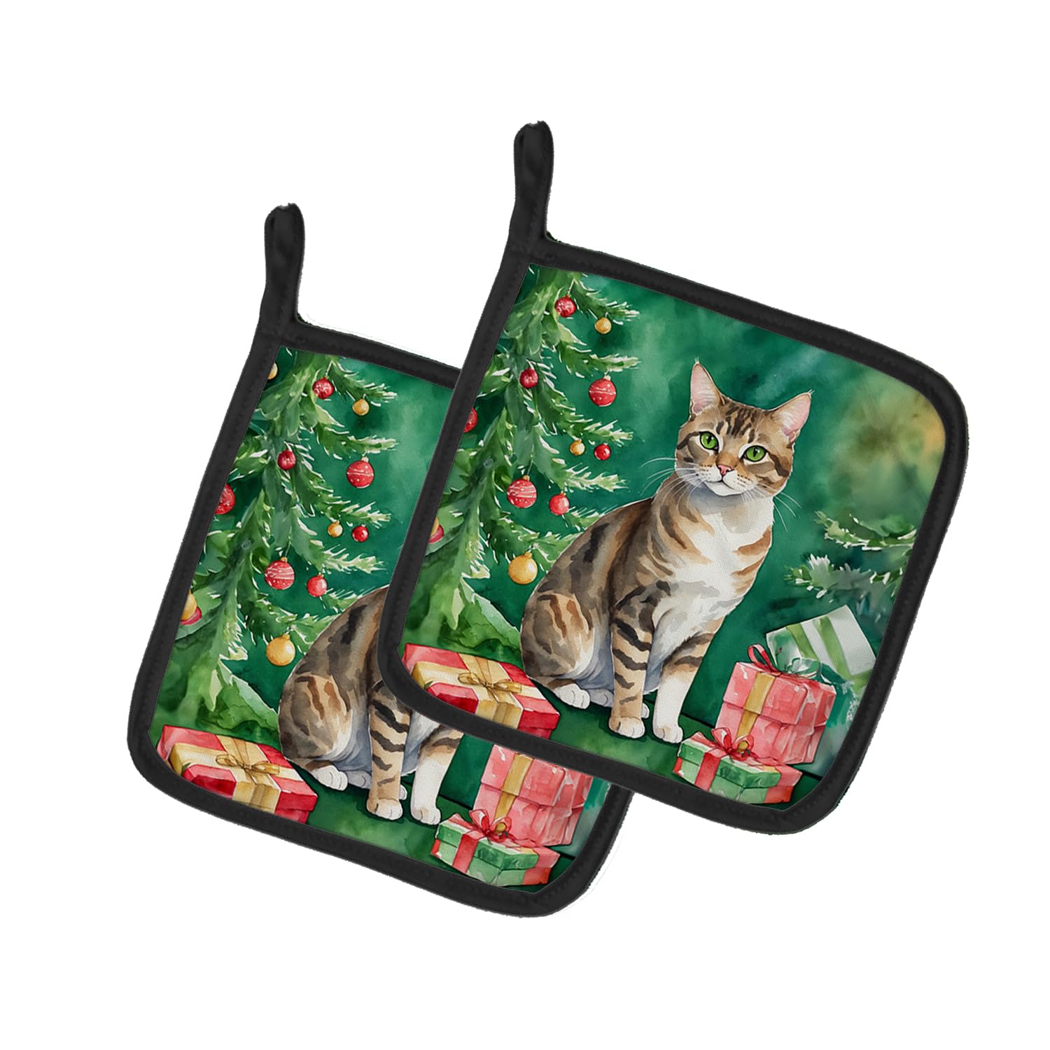 Carolines Treasures California Spangled Cat by The Christmas Tree Pair of Pot Holders Kitchen Heat Resistant Pot Holders Sets Oven Hot Pads for Cooking Baking BBQ, 7 1/2 x 7 1/2