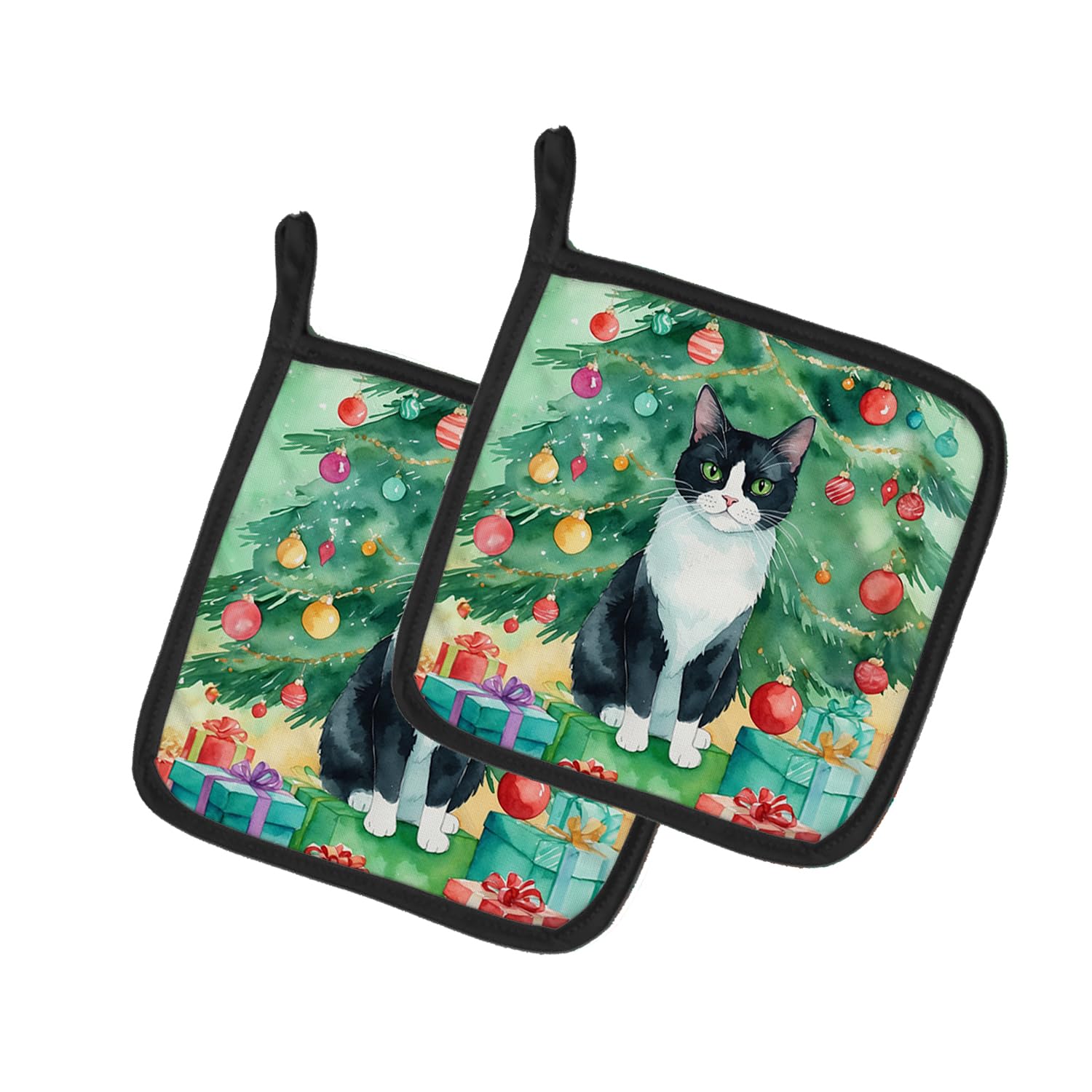 Carolines Treasures Chantilly Tiffany Cat by The Christmas Tree Pair of Pot Holders Kitchen Heat Resistant Pot Holders Sets Oven Hot Pads for Cooking Baking BBQ, 7 1/2 x 7 1/2