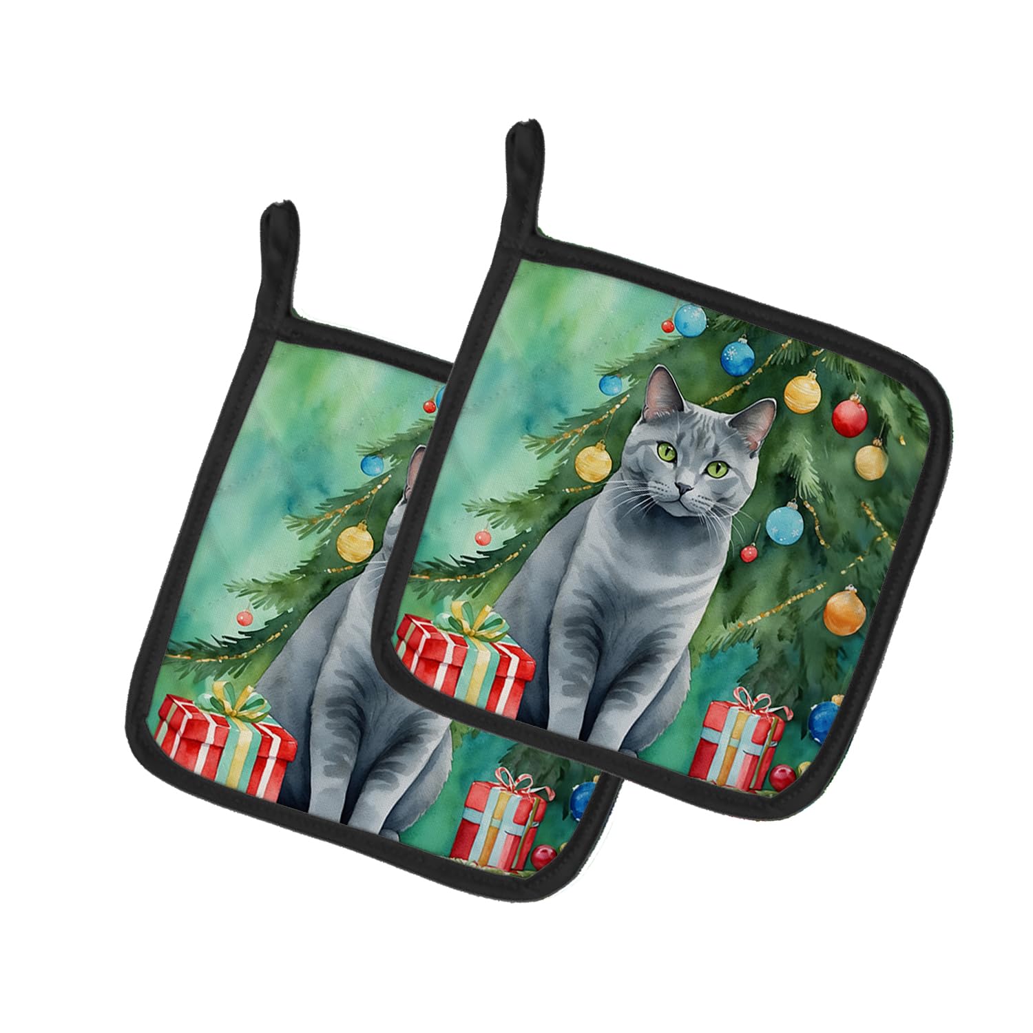 Carolines Treasures Chartreux Cat by The Christmas Tree Pair of Pot Holders Kitchen Heat Resistant Pot Holders Sets Oven Hot Pads for Cooking Baking BBQ, 7 1/2 x 7 1/2