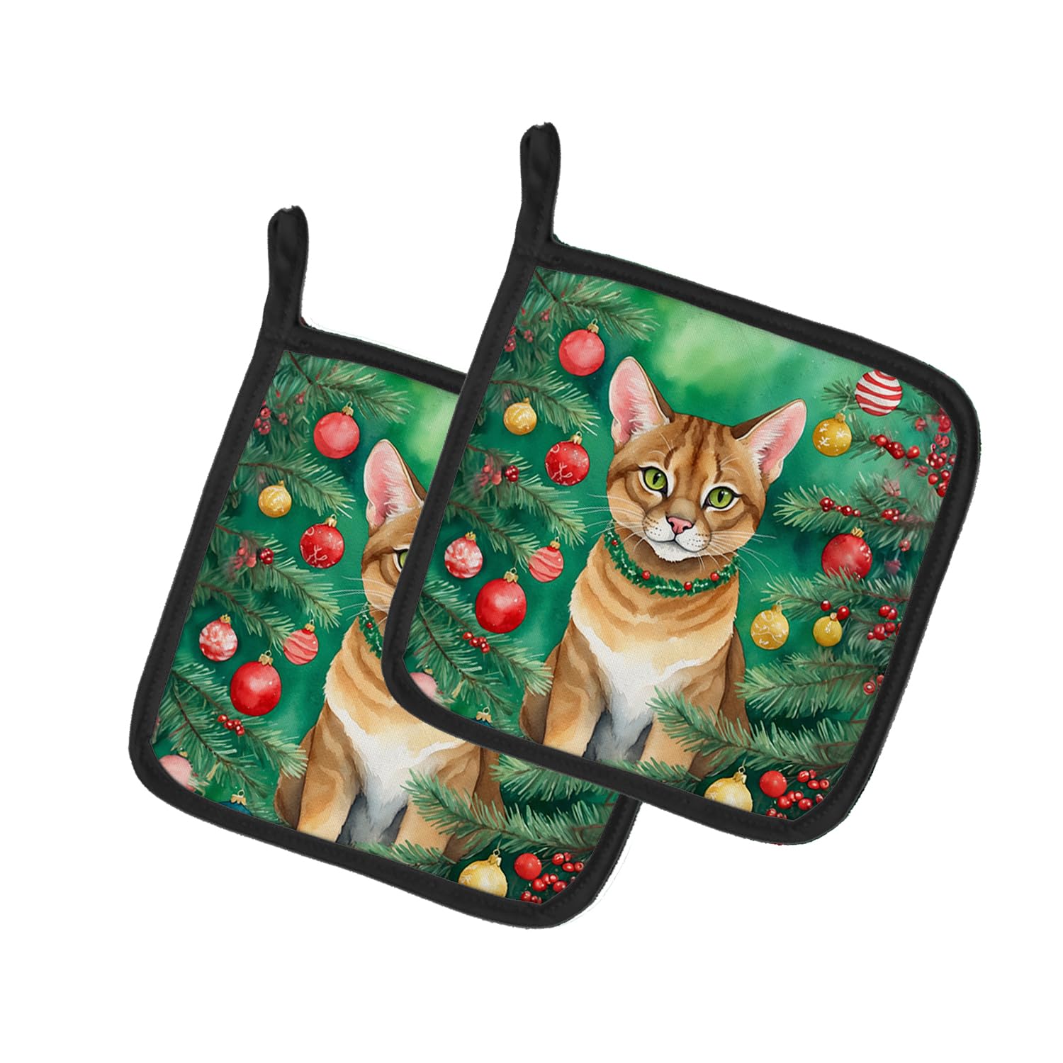 Carolines Treasures Chausie Cat by The Christmas Tree Pair of Pot Holders Kitchen Heat Resistant Pot Holders Sets Oven Hot Pads for Cooking Baking BBQ, 7 1/2 x 7 1/2
