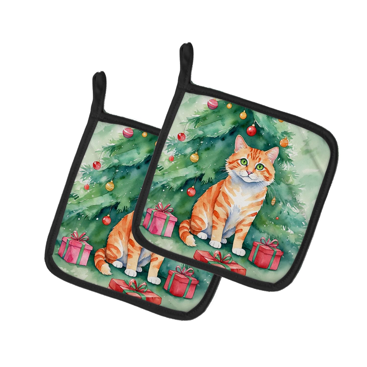 Carolines Treasures Cheetoh Cat by The Christmas Tree Pair of Pot Holders Kitchen Heat Resistant Pot Holders Sets Oven Hot Pads for Cooking Baking BBQ, 7 1/2 x 7 1/2