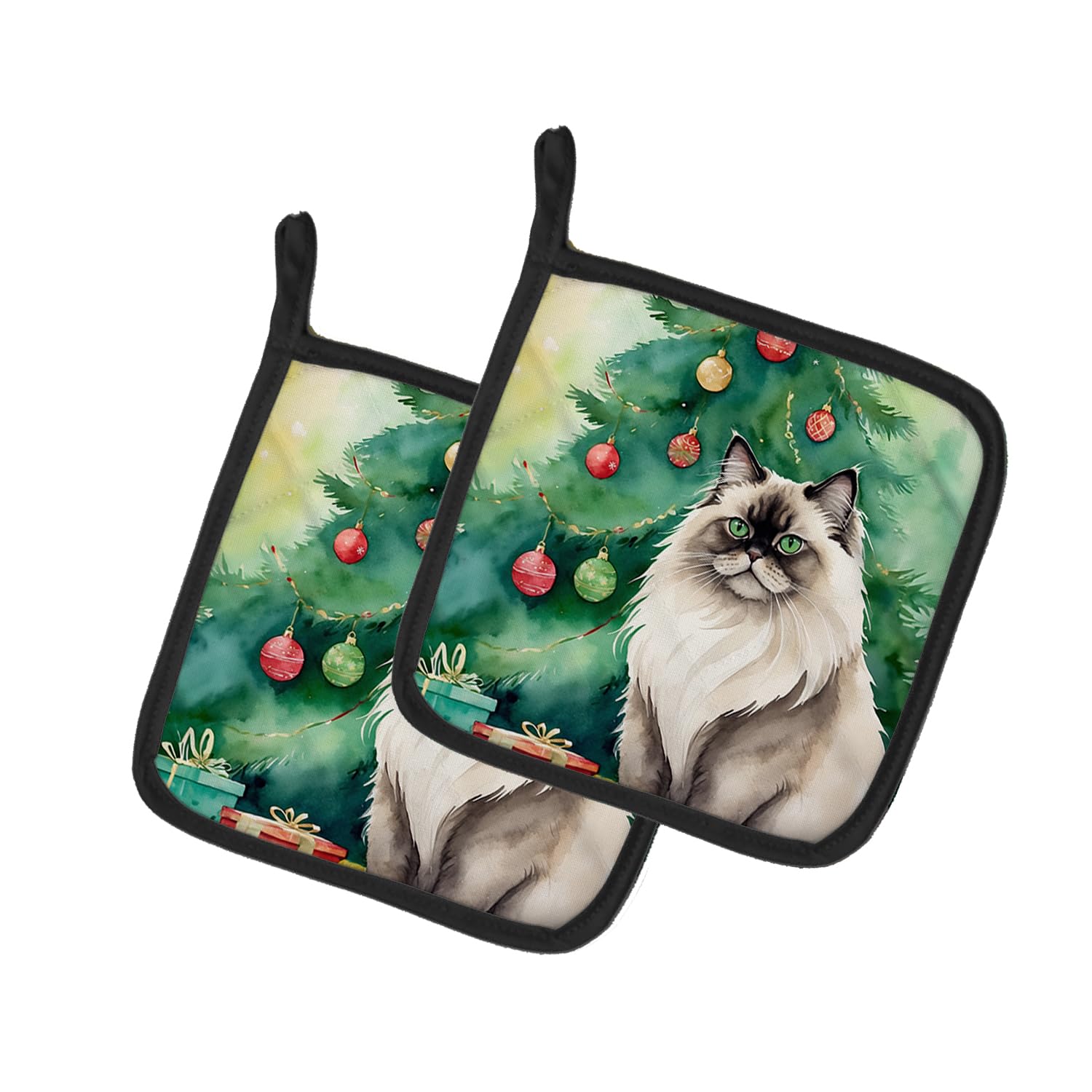 Carolines Treasures Colorpoint Longhair Cat by The Christmas Tree Pair of Pot Holders Kitchen Heat Resistant Pot Holders Sets Oven Hot Pads for Cooking Baking BBQ, 7 1/2 x 7 1/2