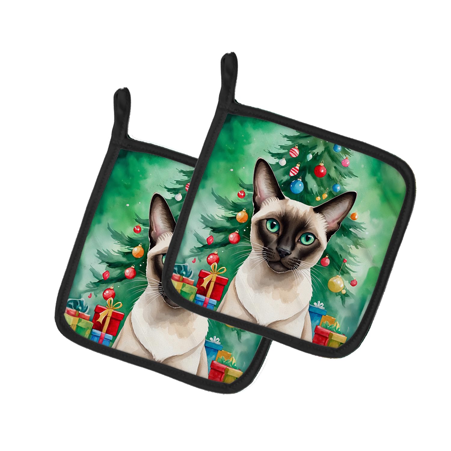 Carolines Treasures Colorpoint Shorthair Cat by The Christmas Tree Pair of Pot Holders Kitchen Heat Resistant Pot Holders Sets Oven Hot Pads for Cooking Baking BBQ, 7 1/2 x 7 1/2