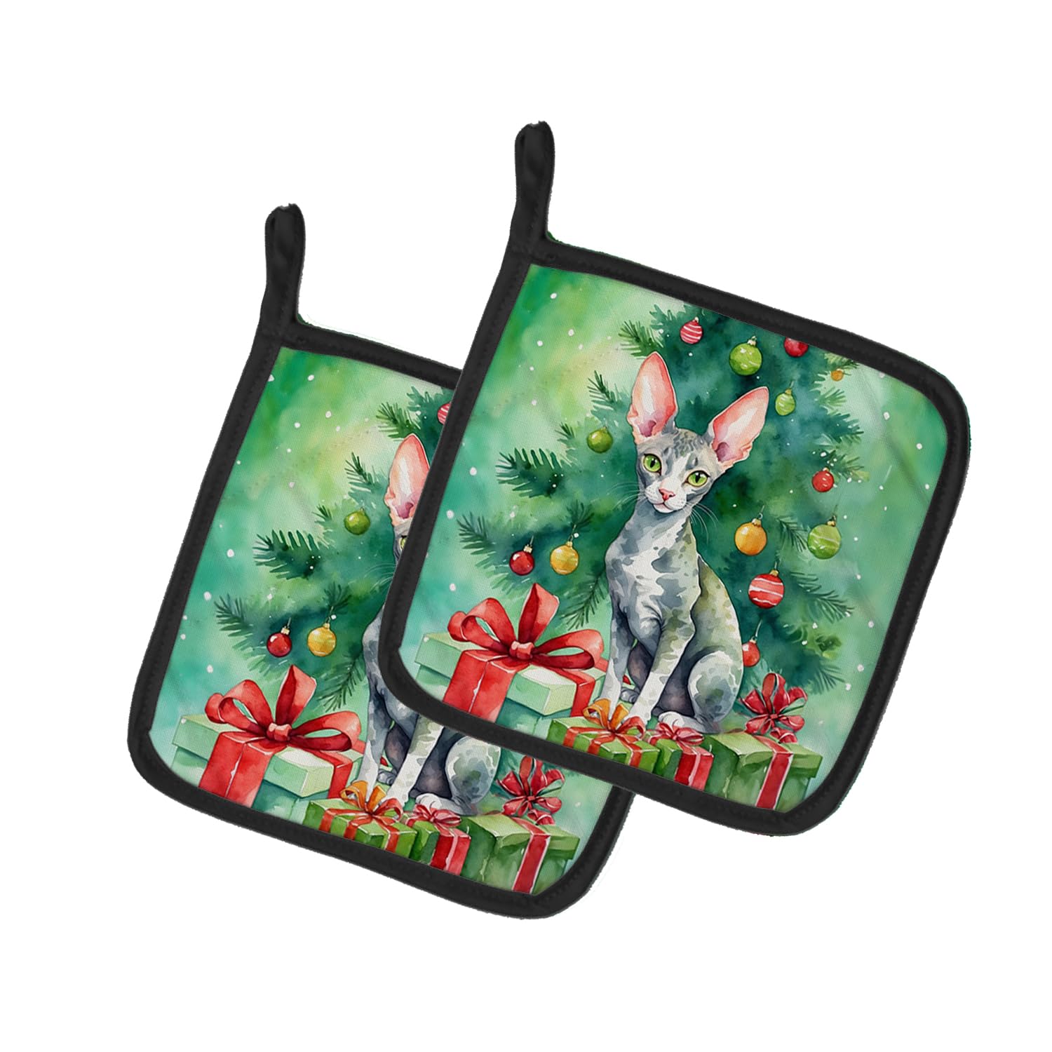 Carolines Treasures Cornish Rex Cat by The Christmas Tree Pair of Pot Holders Kitchen Heat Resistant Pot Holders Sets Oven Hot Pads for Cooking Baking BBQ, 7 1/2 x 7 1/2