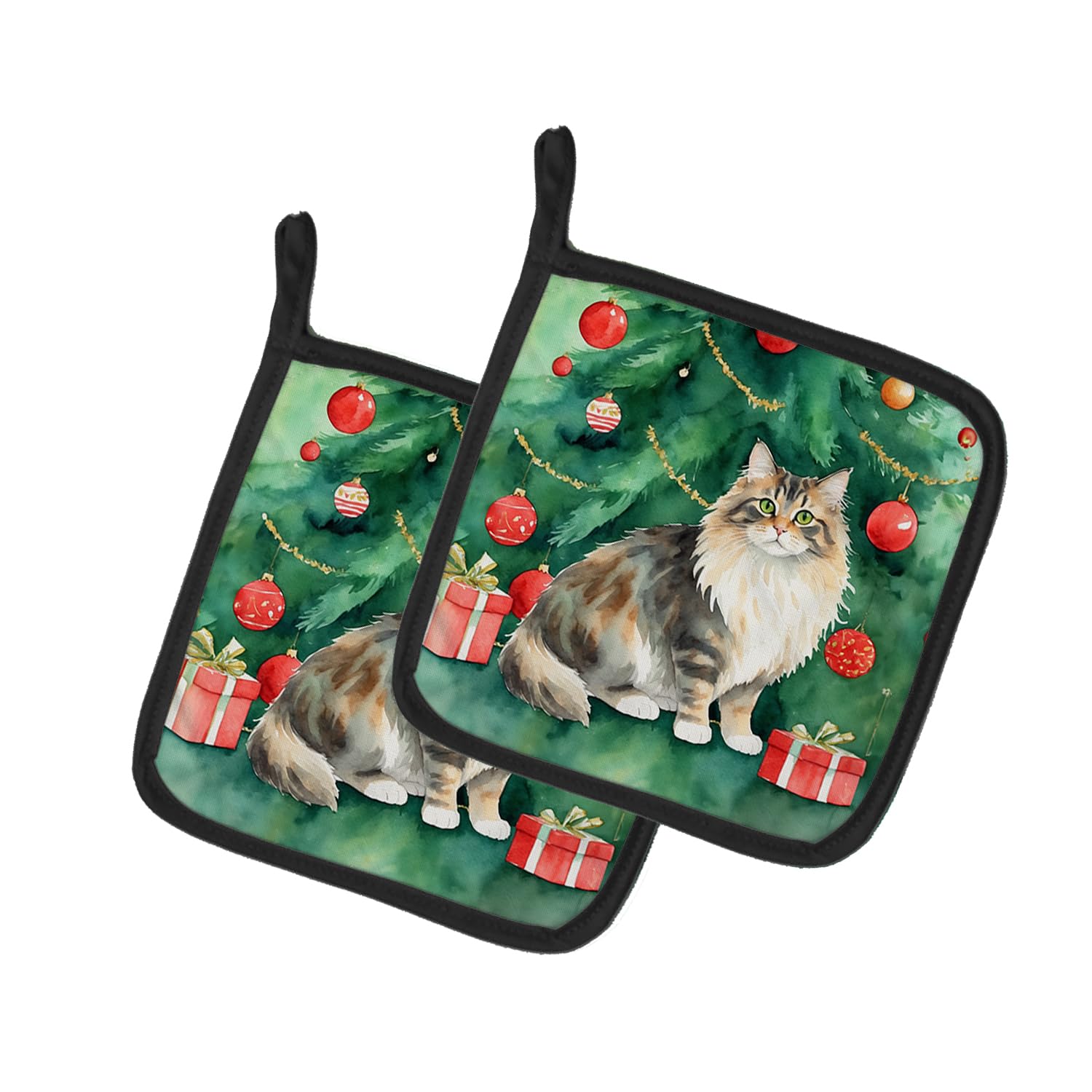 Carolines Treasures Cymric Cat by The Christmas Tree Pair of Pot Holders Kitchen Heat Resistant Pot Holders Sets Oven Hot Pads for Cooking Baking BBQ, 7 1/2 x 7 1/2