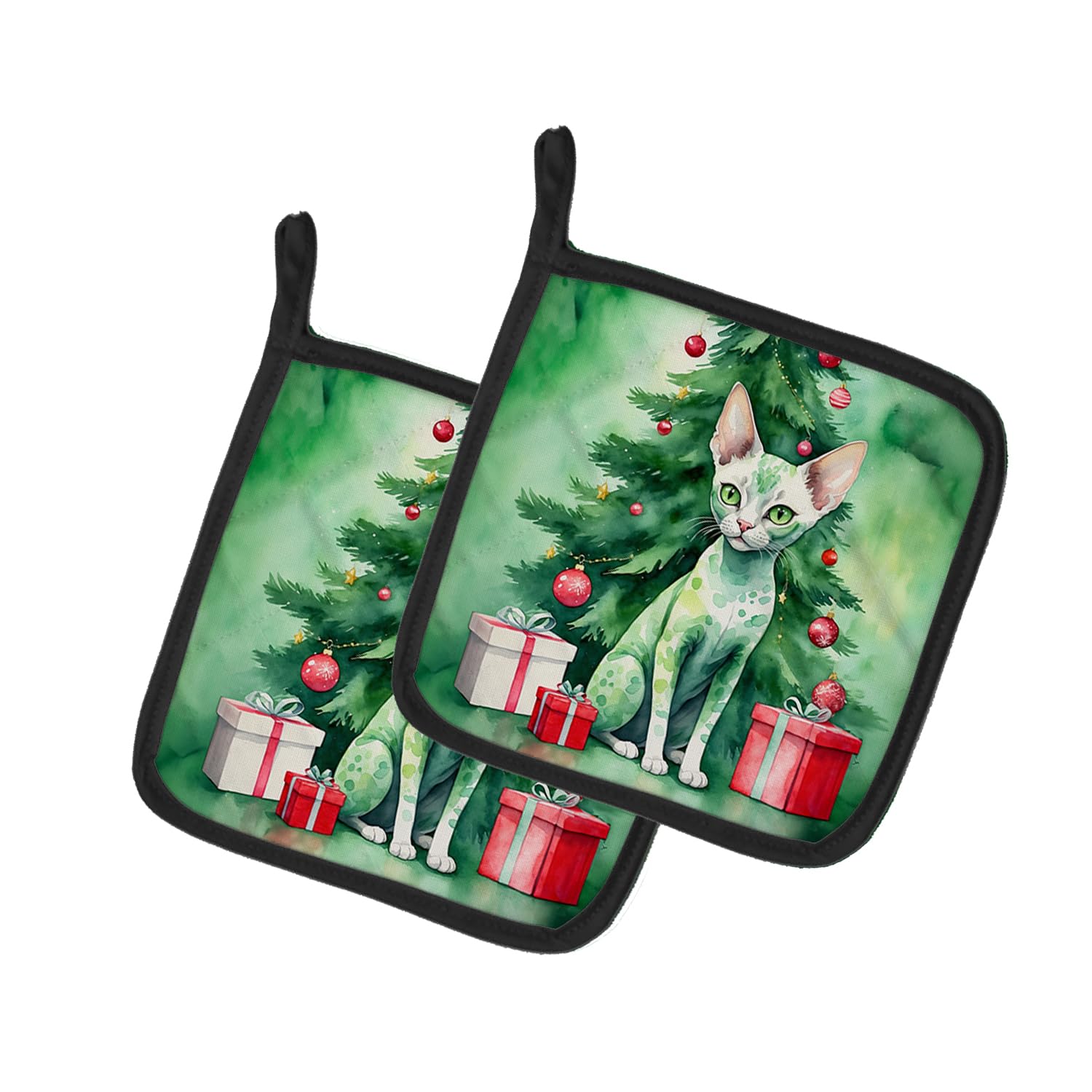 Carolines Treasures Devon Rex Cat by The Christmas Tree Pair of Pot Holders Kitchen Heat Resistant Pot Holders Sets Oven Hot Pads for Cooking Baking BBQ, 7 1/2 x 7 1/2