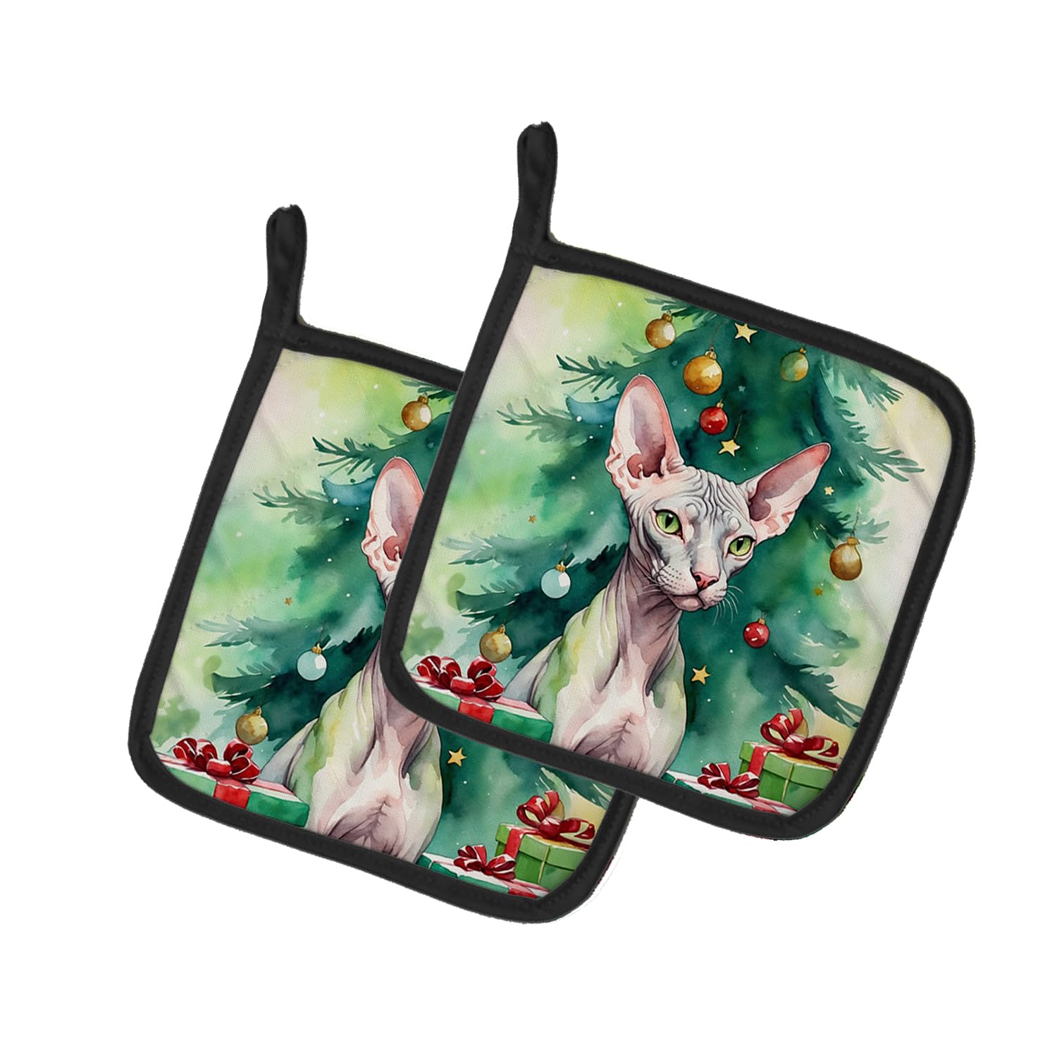 Carolines Treasures Donskoy Don Sphynx Cat by The Christmas Tree Pair of Pot Holders Kitchen Heat Resistant Pot Holders Sets Oven Hot Pads for Cooking Baking BBQ, 7 1/2 x 7 1/2