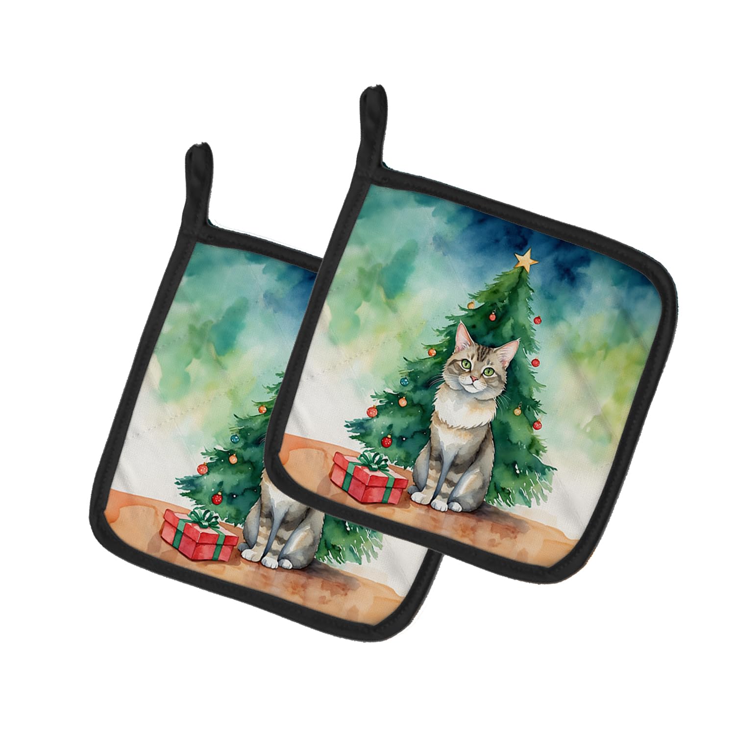 Carolines Treasures Dwelf Cat by The Christmas Tree Pair of Pot Holders Kitchen Heat Resistant Pot Holders Sets Oven Hot Pads for Cooking Baking BBQ, 7 1/2 x 7 1/2