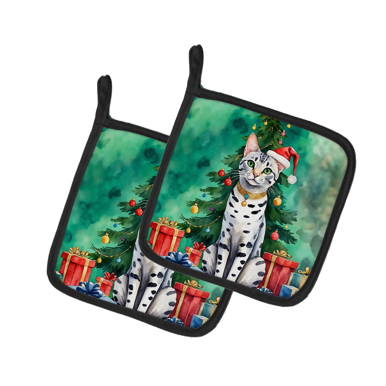 Carolines Treasures Egyptian Mau Cat by The Christmas Tree Pair of Pot Holders Kitchen Heat Resistant Pot Holders Sets Oven Hot Pads for Cooking Baking BBQ, 7 1/2 x 7 1/2
