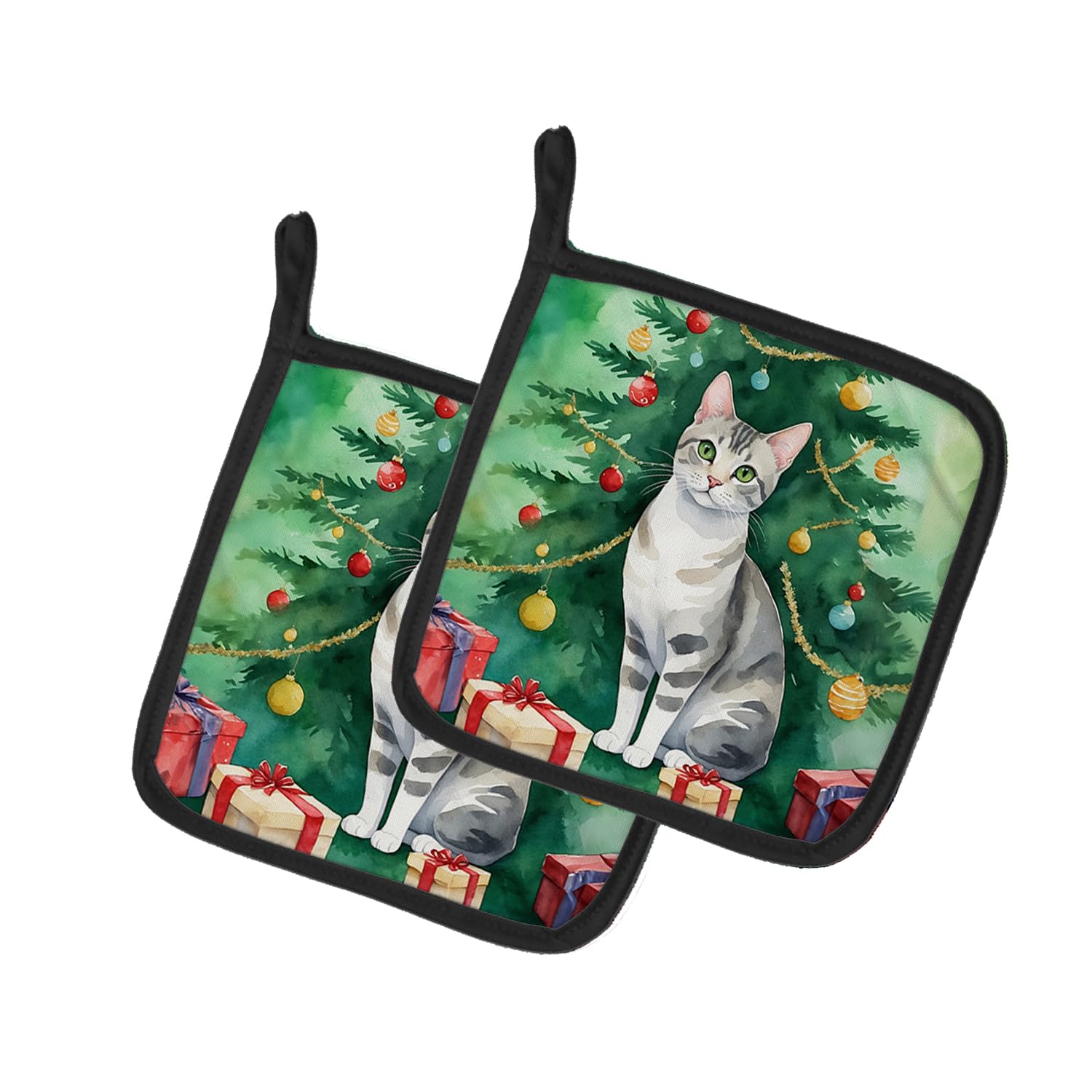 Carolines Treasures European Shorthair Cat by The Christmas Tree Pair of Pot Holders Kitchen Heat Resistant Pot Holders Sets Oven Hot Pads for Cooking Baking BBQ, 7 1/2 x 7 1/2