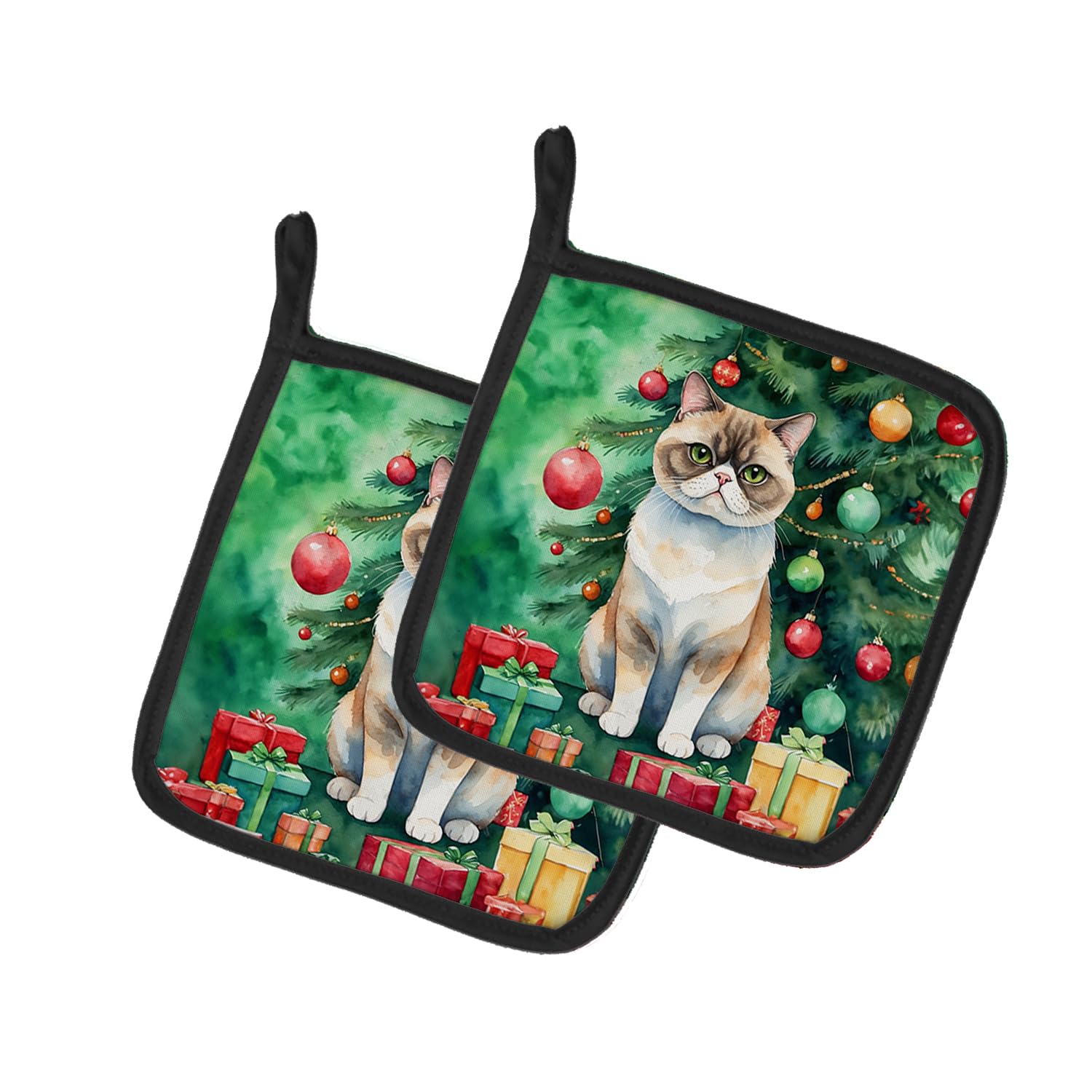 Carolines Treasures Exotic Shorthair Cat by The Christmas Tree Pair of Pot Holders Kitchen Heat Resistant Pot Holders Sets Oven Hot Pads for Cooking Baking BBQ, 7 1/2 x 7 1/2