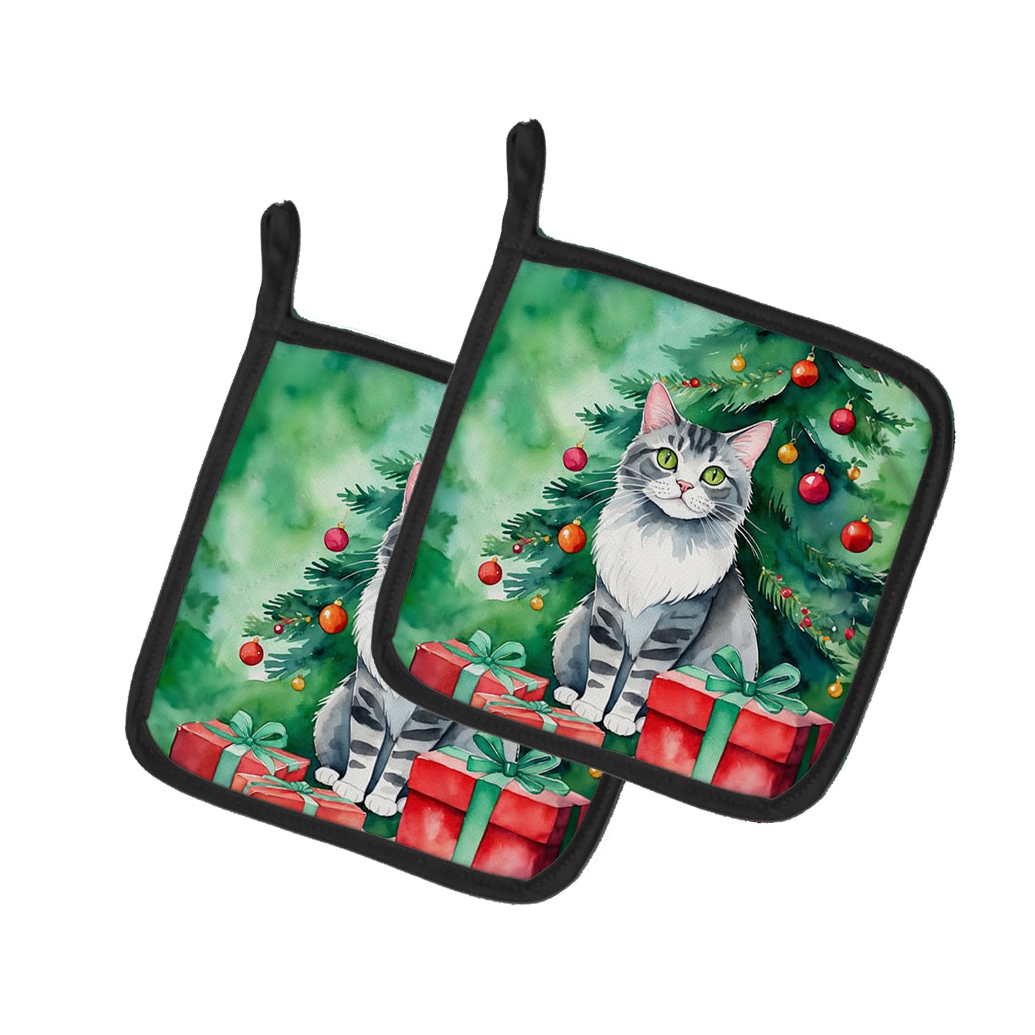 Carolines Treasures Foldex Exotic Fold Cat by The Christmas Tree Pair of Pot Holders Kitchen Heat Resistant Pot Holders Sets Oven Hot Pads for Cooking Baking BBQ, 7 1/2 x 7 1/2