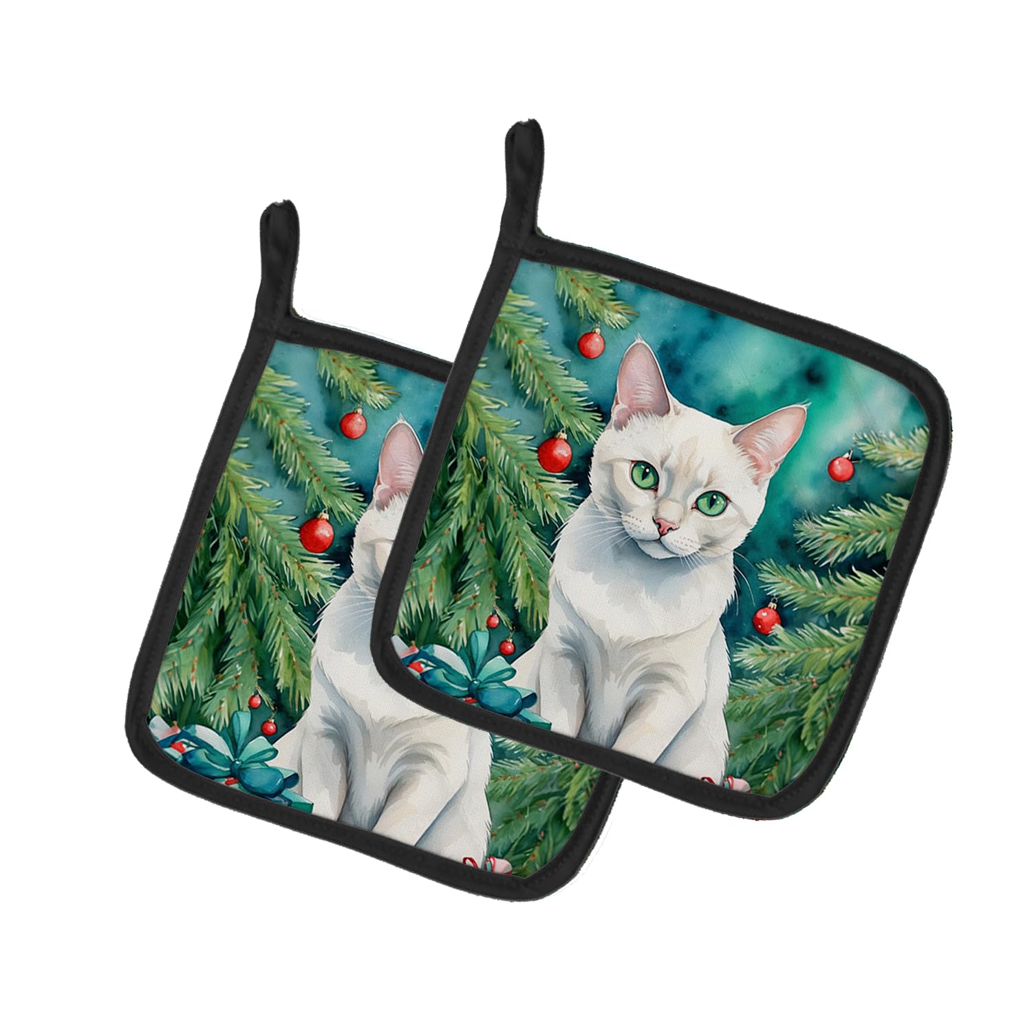 Carolines Treasures Foreign White Cat by The Christmas Tree Pair of Pot Holders Kitchen Heat Resistant Pot Holders Sets Oven Hot Pads for Cooking Baking BBQ, 7 1/2 x 7 1/2