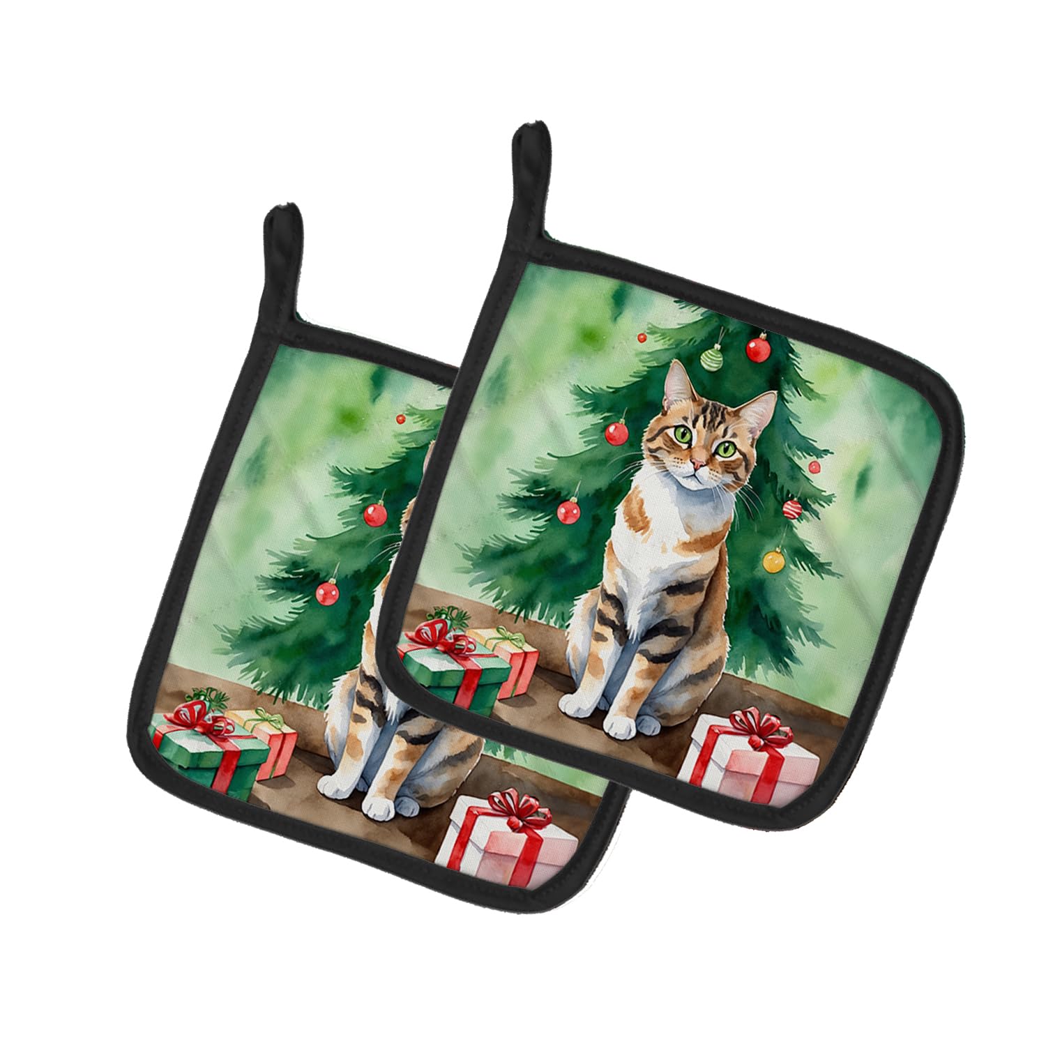 Carolines Treasures Owyhee Bob Cat by The Christmas Tree Pair of Pot Holders Kitchen Heat Resistant Pot Holders Sets Oven Hot Pads for Cooking Baking BBQ, 7 1/2 x 7 1/2