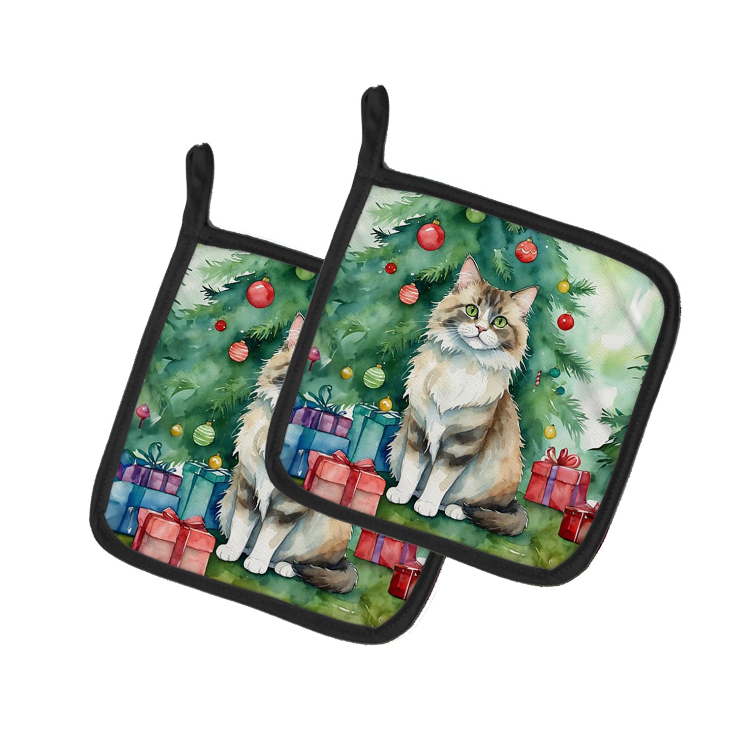 Carolines Treasures Ragamuffin Cat by The Christmas Tree Pair of Pot Holders Kitchen Heat Resistant Pot Holders Sets Oven Hot Pads for Cooking Baking BBQ, 7 1/2 x 7 1/2