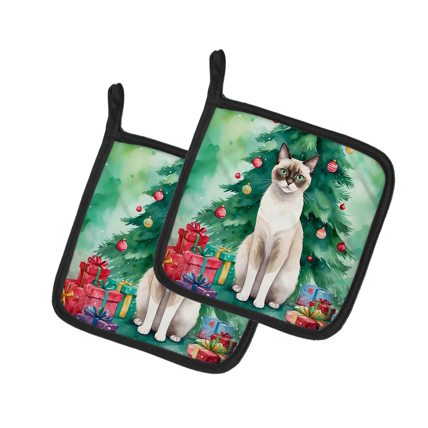 Carolines Treasures Snowshoe Cat by The Christmas Tree Pair of Pot Holders Kitchen Heat Resistant Pot Holders Sets Oven Hot Pads for Cooking Baking BBQ, 7 1/2 x 7 1/2