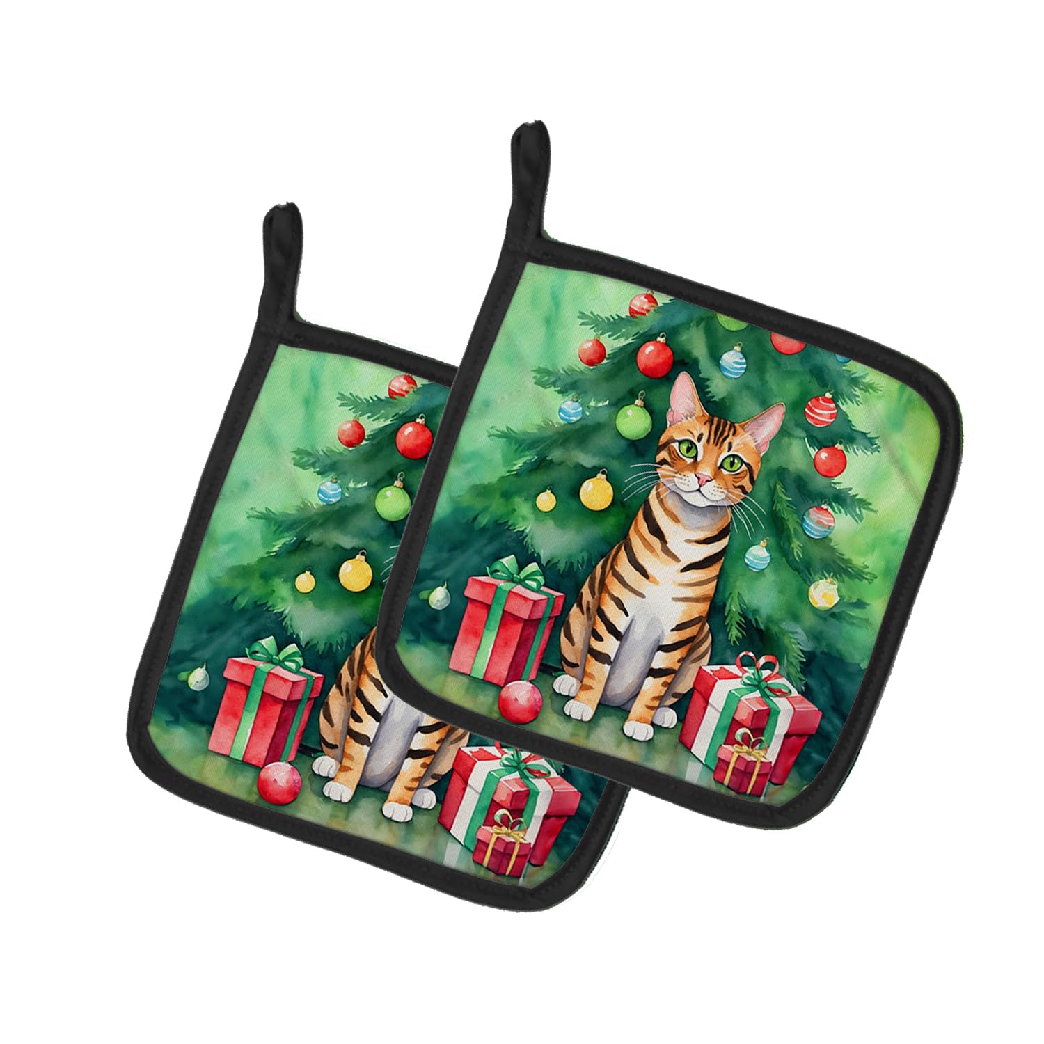 Carolines Treasures Toyger Cat by The Christmas Tree Pair of Pot Holders Kitchen Heat Resistant Pot Holders Sets Oven Hot Pads for Cooking Baking BBQ, 7 1/2 x 7 1/2