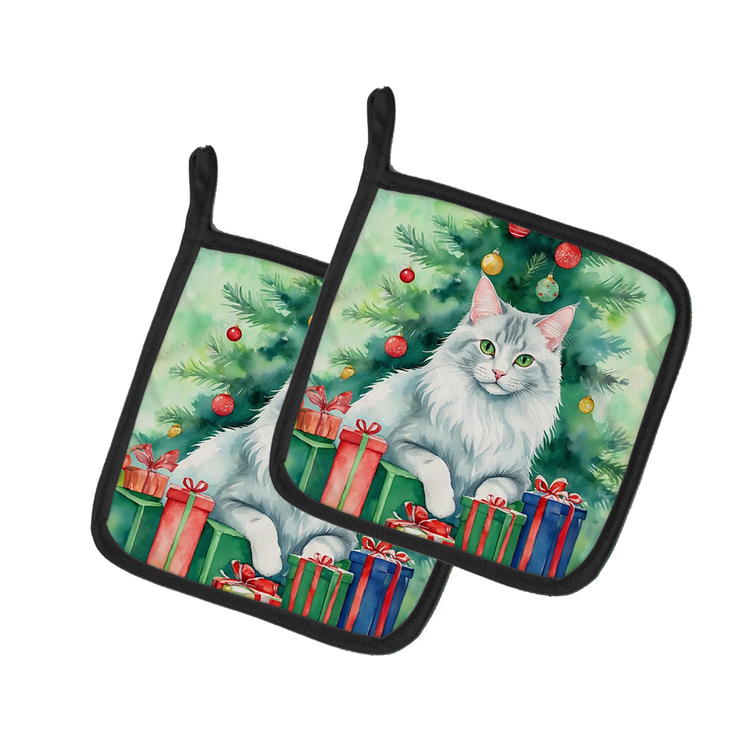 Carolines Treasures Turkish Angora Cat by The Christmas Tree Pair of Pot Holders Kitchen Heat Resistant Pot Holders Sets Oven Hot Pads for Cooking Baking BBQ, 7 1/2 x 7 1/2