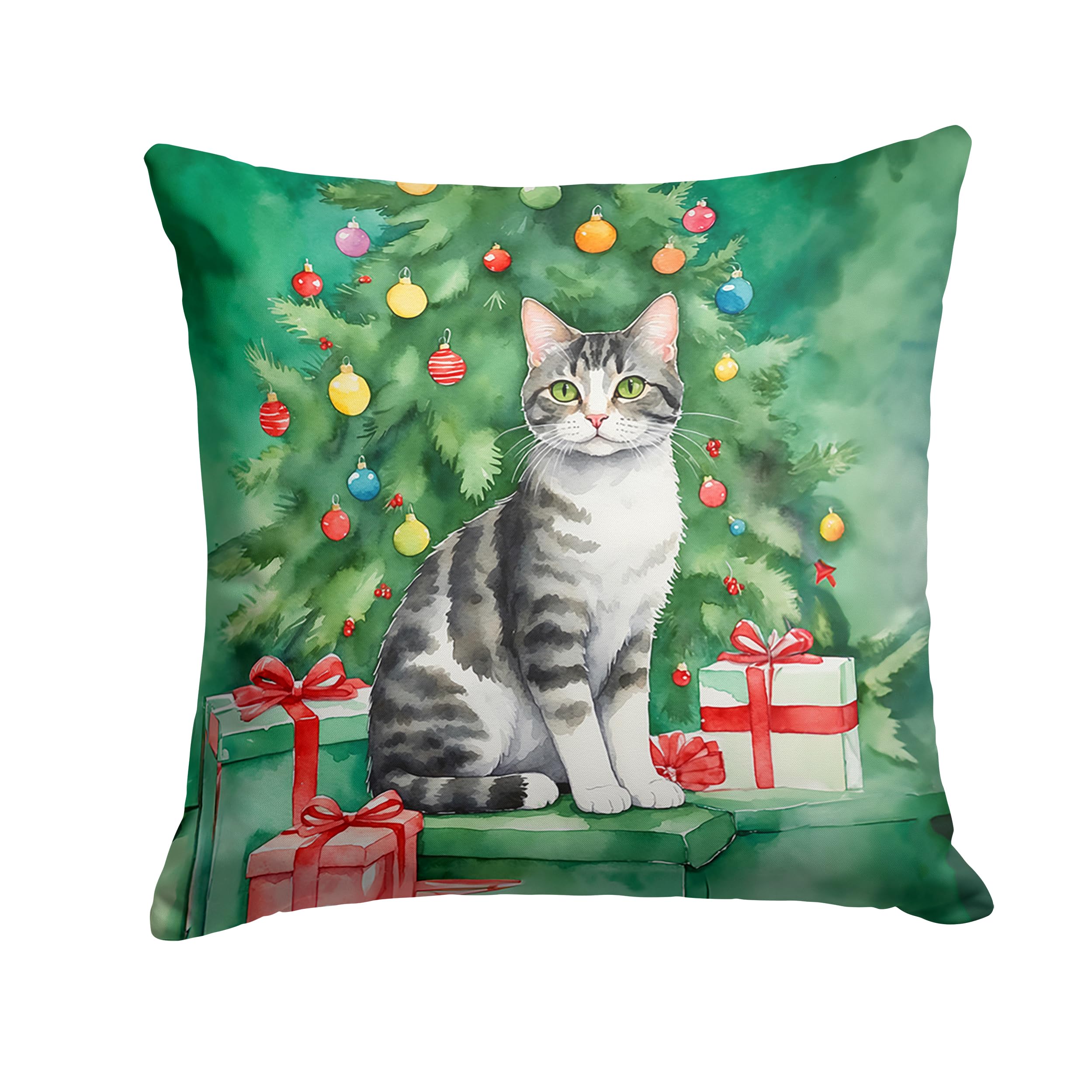 Carolines Treasures American Wirehair Cat by The Christmas Tree Throw Pillow Machine Washable, Indoor Outdoor Decorative Pillow for Couch, Bed or Patio, 14Hx14W