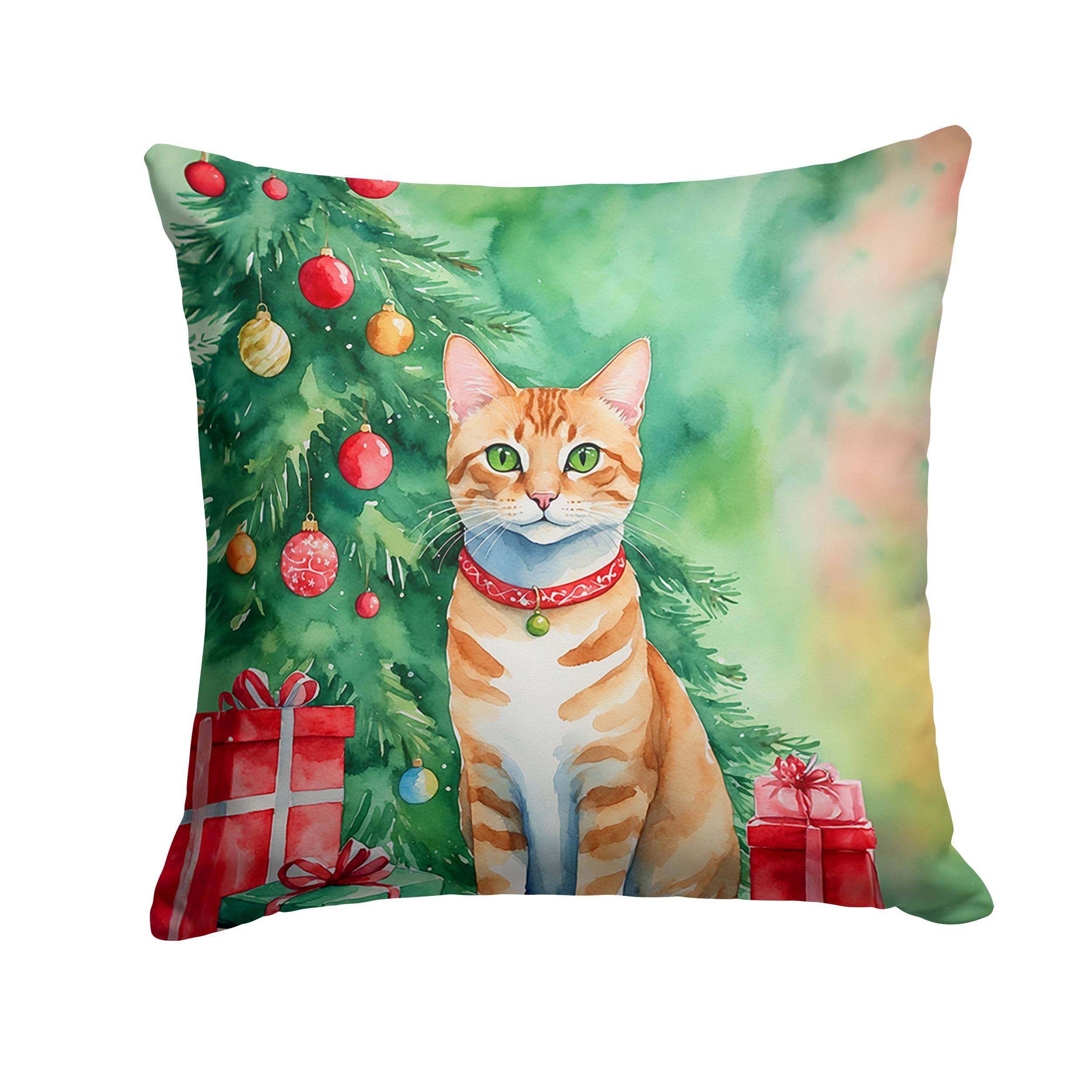 Carolines Treasures Arabian Mau Cat by The Christmas Tree Throw Pillow Machine Washable, Indoor Outdoor Decorative Pillow for Couch, Bed or Patio, 14Hx14W