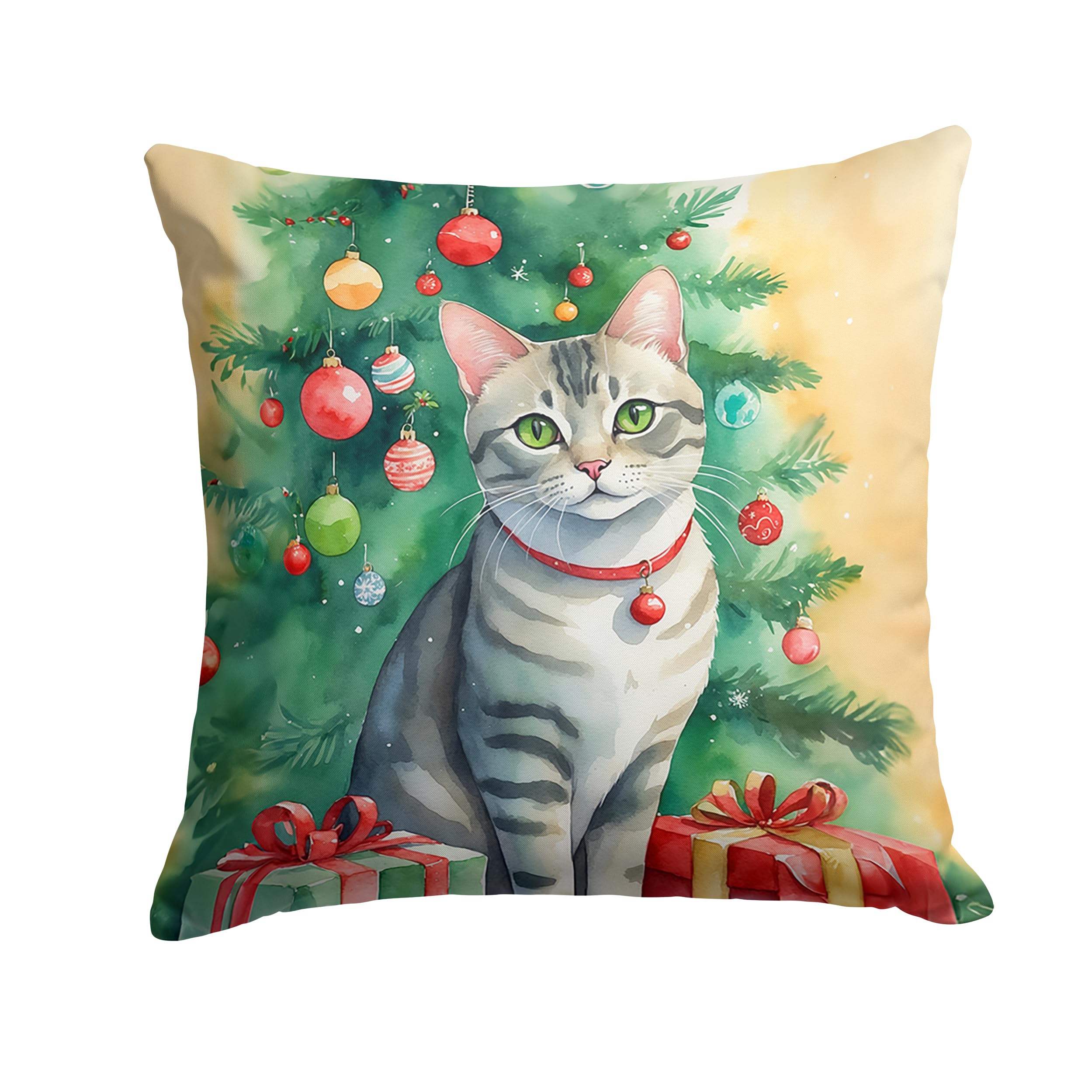 Carolines Treasures Asian Cat by The Christmas Tree Throw Pillow Machine Washable, Indoor Outdoor Decorative Pillow for Couch, Bed or Patio, 14Hx14W