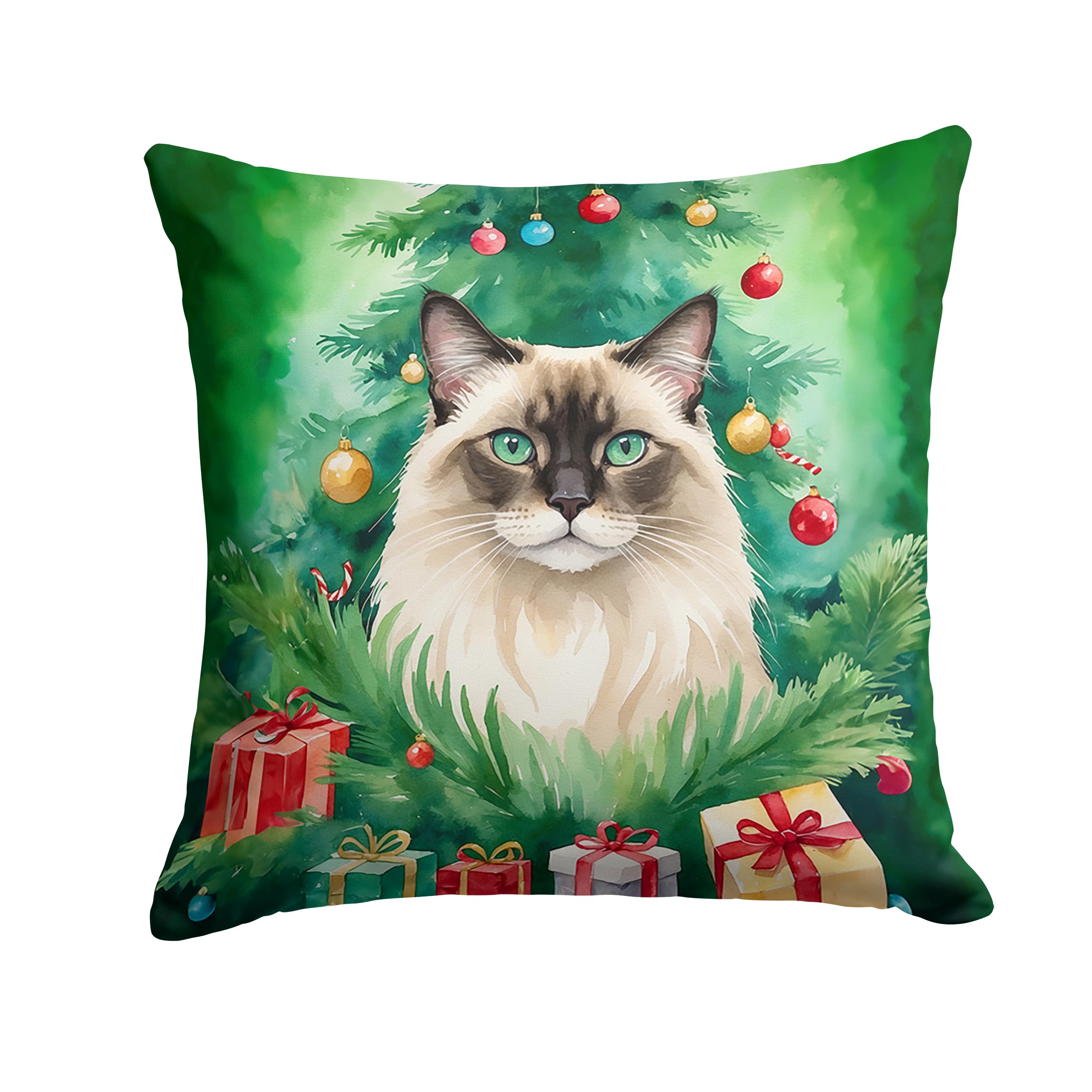 Carolines Treasures Balinese Cat by The Christmas Tree Throw Pillow Machine Washable, Indoor Outdoor Decorative Pillow for Couch, Bed or Patio, 14Hx14W