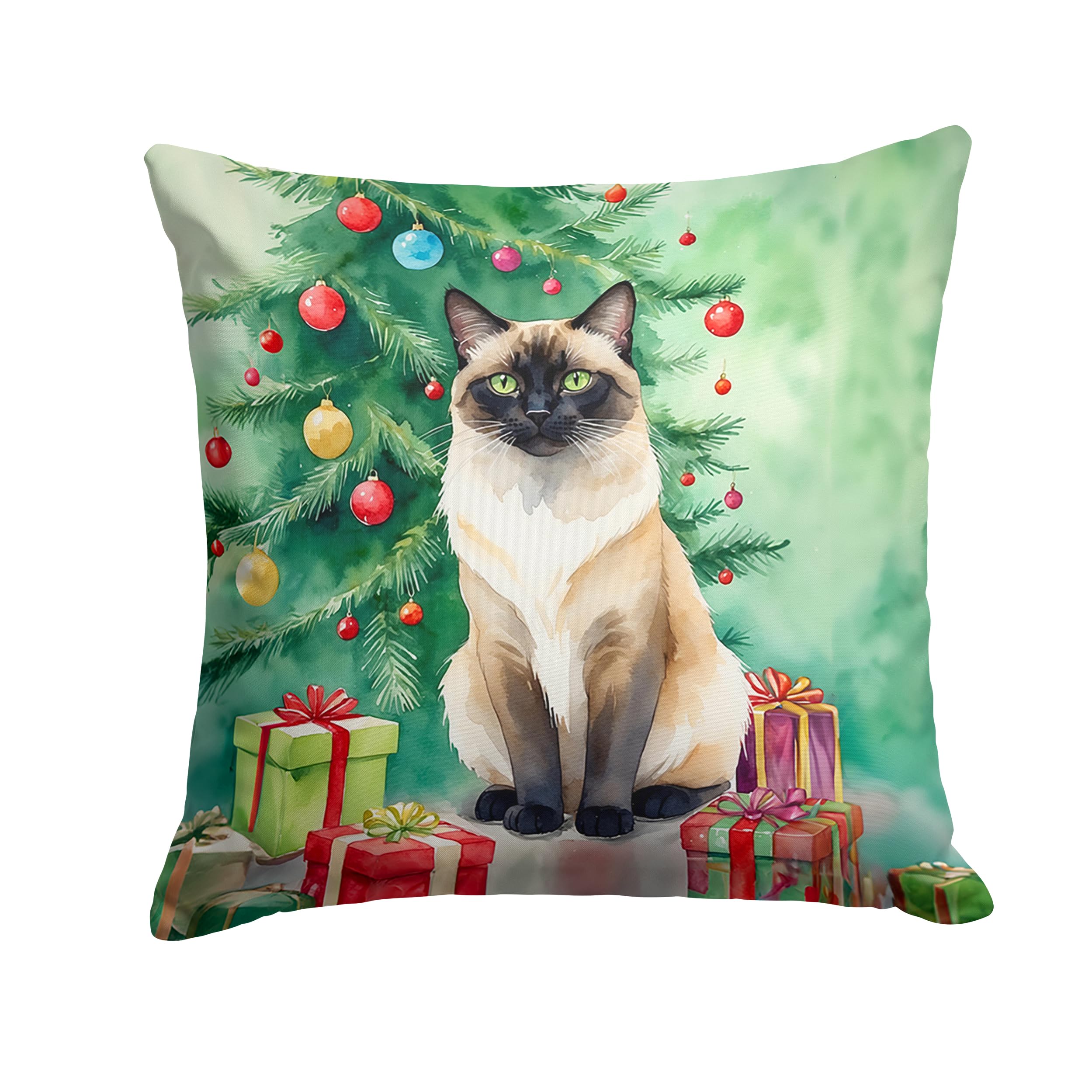 Carolines Treasures Birman Cat by The Christmas Tree Throw Pillow Machine Washable, Indoor Outdoor Decorative Pillow for Couch, Bed or Patio, 14Hx14W