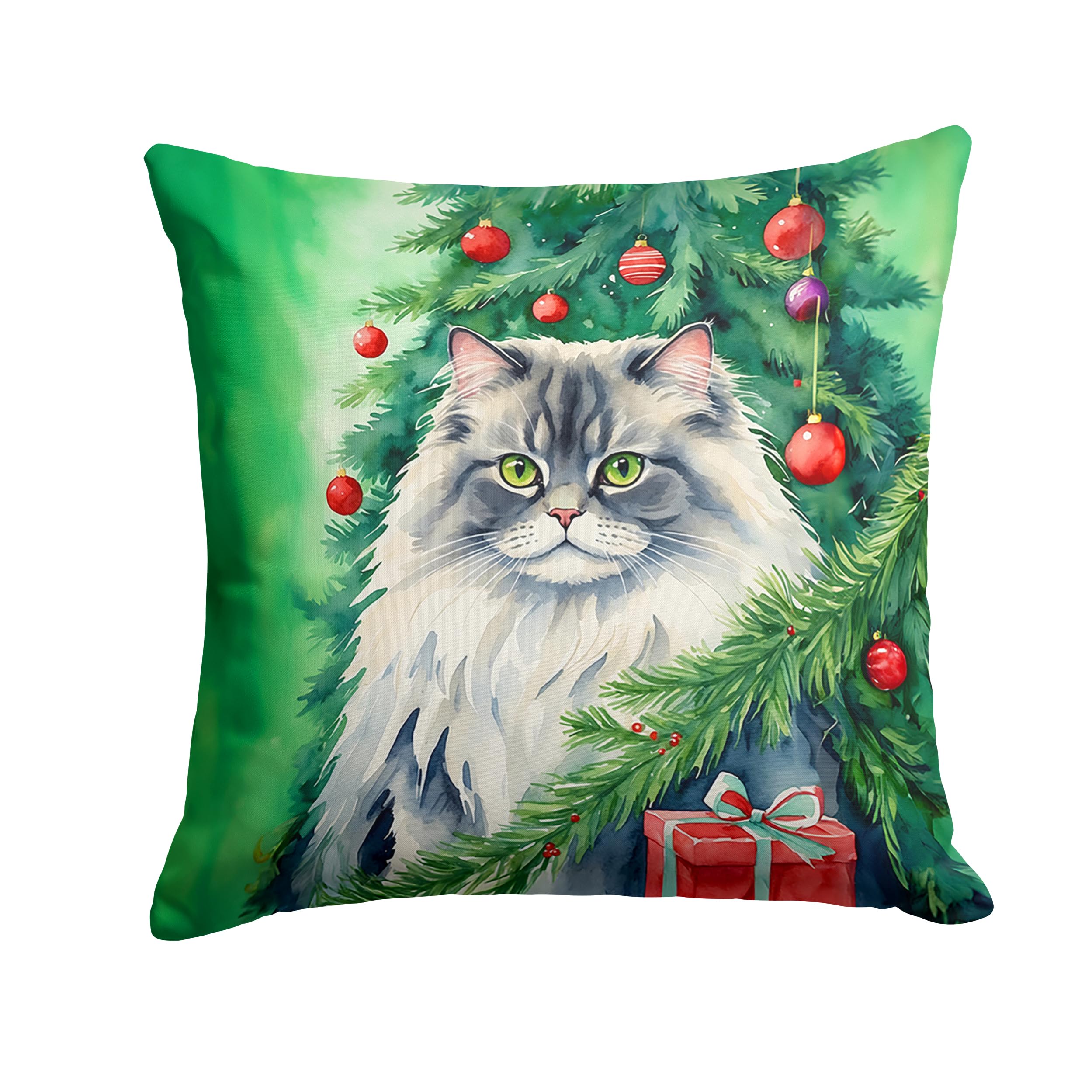 Carolines Treasures British Longhair Cat by The Christmas Tree Throw Pillow Machine Washable, Indoor Outdoor Decorative Pillow for Couch, Bed or Patio, 14Hx14W