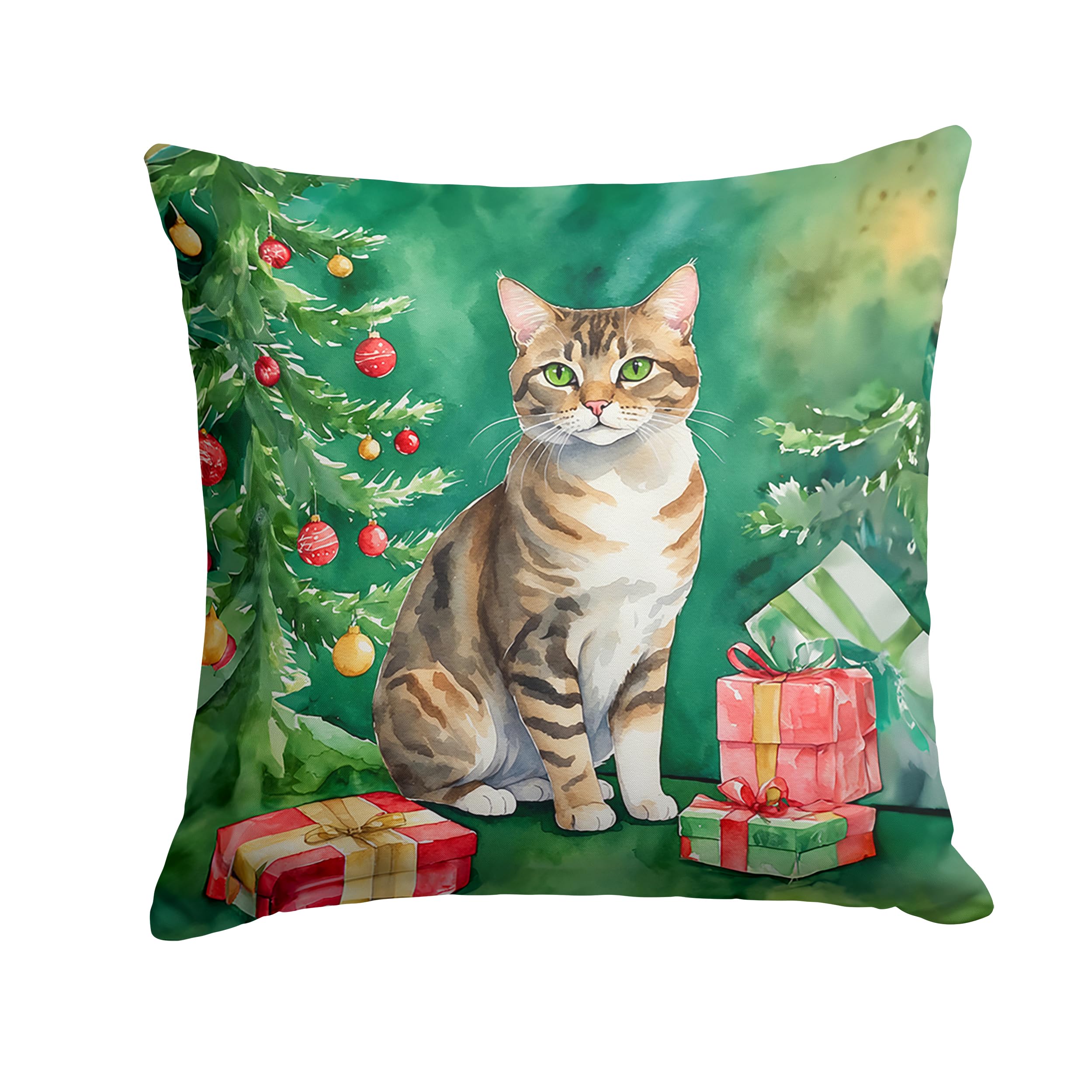 Carolines Treasures California Spangled Cat by The Christmas Tree Throw Pillow Machine Washable, Indoor Outdoor Decorative Pillow for Couch, Bed or Patio, 14Hx14W