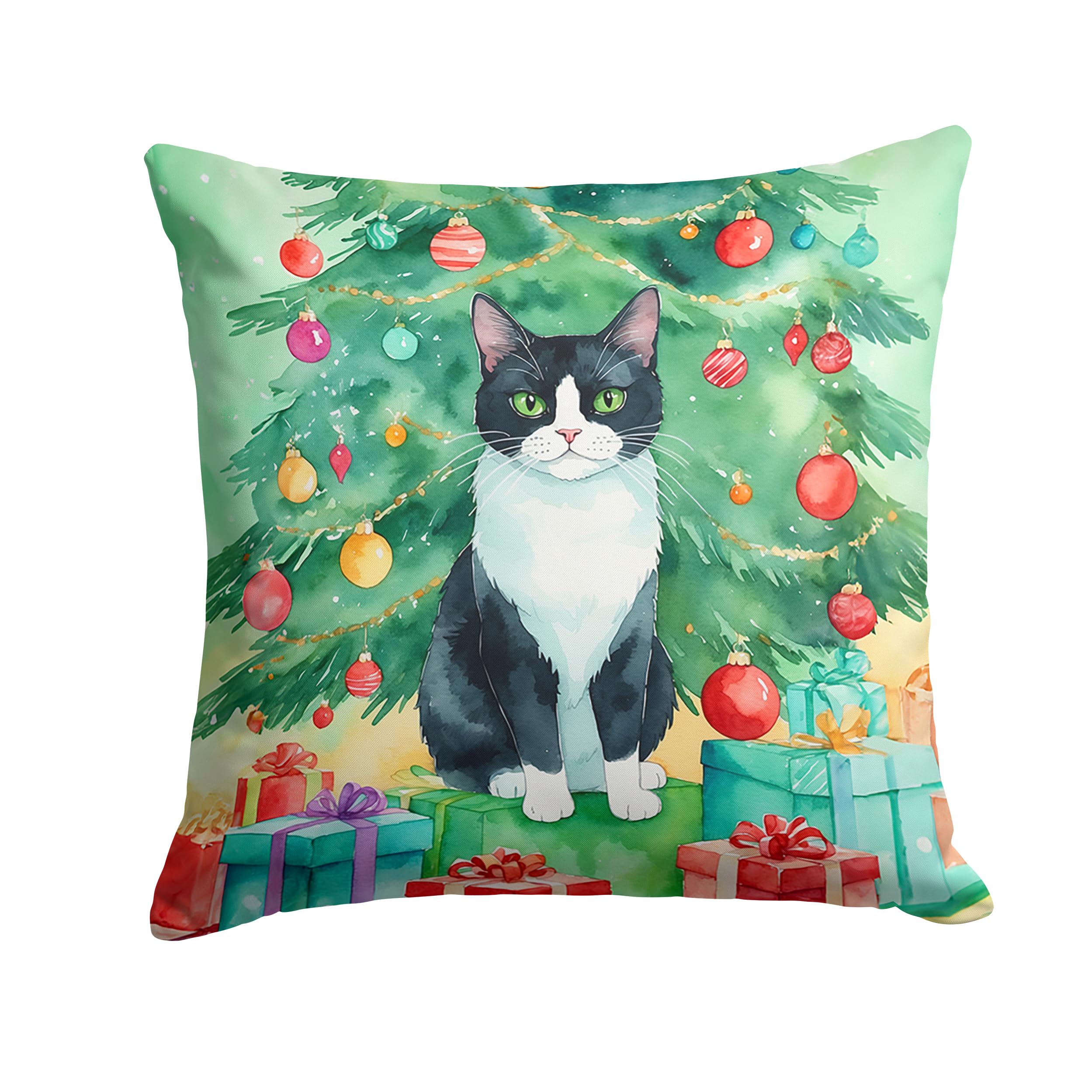 Carolines Treasures Chantilly Tiffany Cat by The Christmas Tree Throw Pillow Machine Washable, Indoor Outdoor Decorative Pillow for Couch, Bed or Patio, 14Hx14W