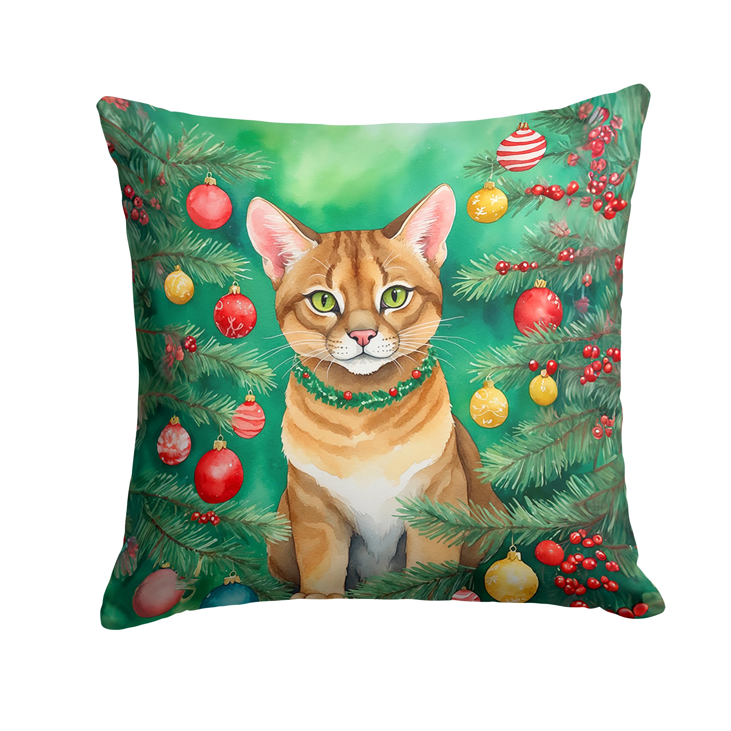 Carolines Treasures Chausie Cat by The Christmas Tree Throw Pillow Machine Washable, Indoor Outdoor Decorative Pillow for Couch, Bed or Patio, 14Hx14W