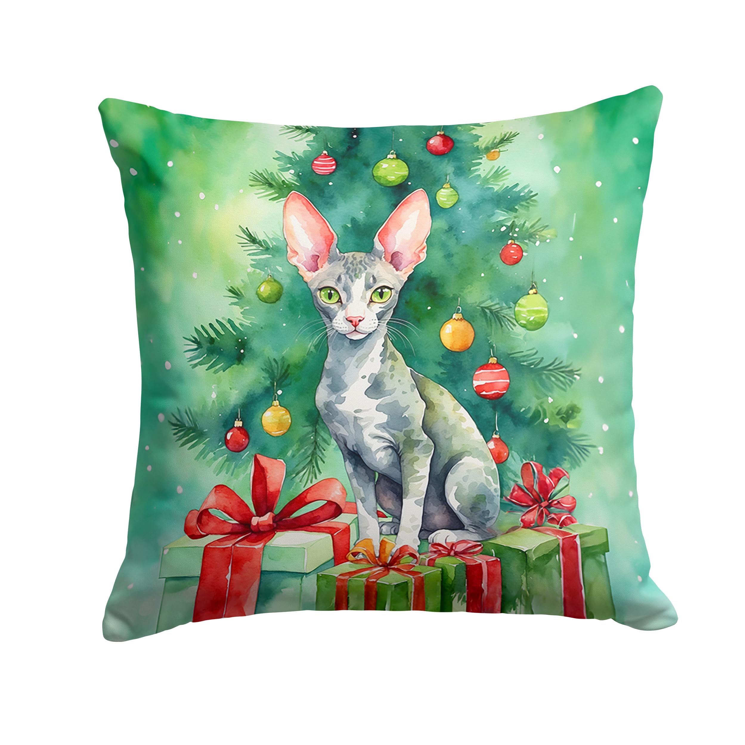Carolines Treasures Cornish Rex Cat by The Christmas Tree Throw Pillow Machine Washable, Indoor Outdoor Decorative Pillow for Couch, Bed or Patio, 14Hx14W