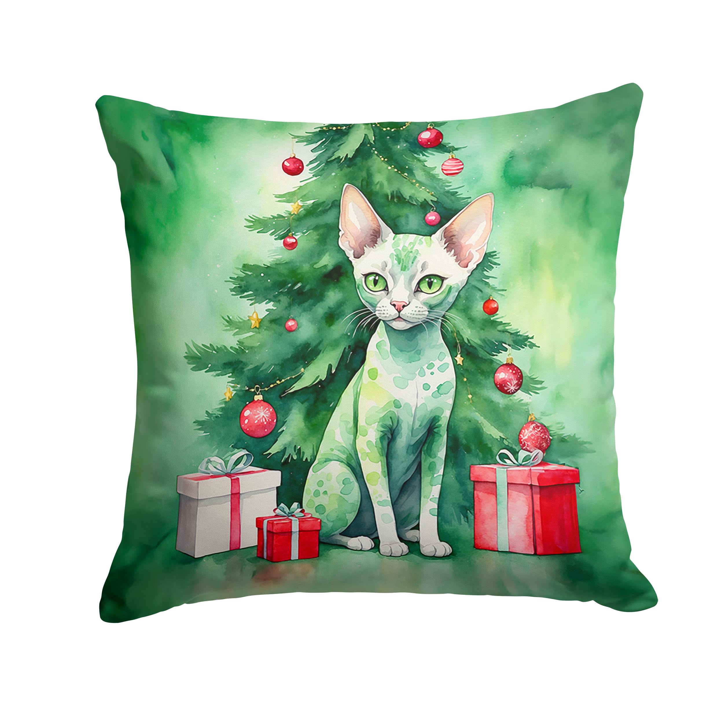 Carolines Treasures Devon Rex Cat by The Christmas Tree Throw Pillow Machine Washable, Indoor Outdoor Decorative Pillow for Couch, Bed or Patio, 14Hx14W