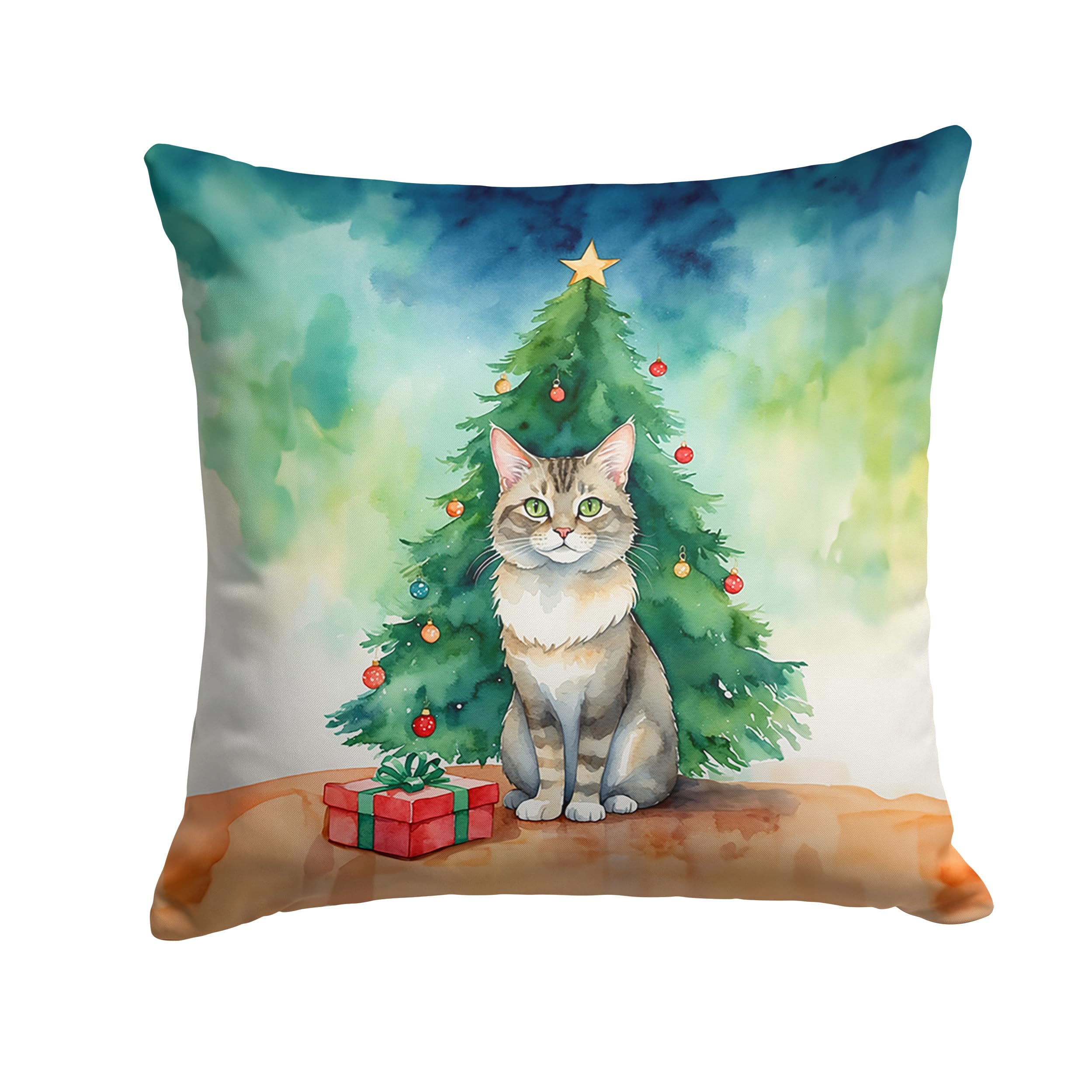 Carolines Treasures Dwelf Cat by The Christmas Tree Throw Pillow Machine Washable, Indoor Outdoor Decorative Pillow for Couch, Bed or Patio, 14Hx14W