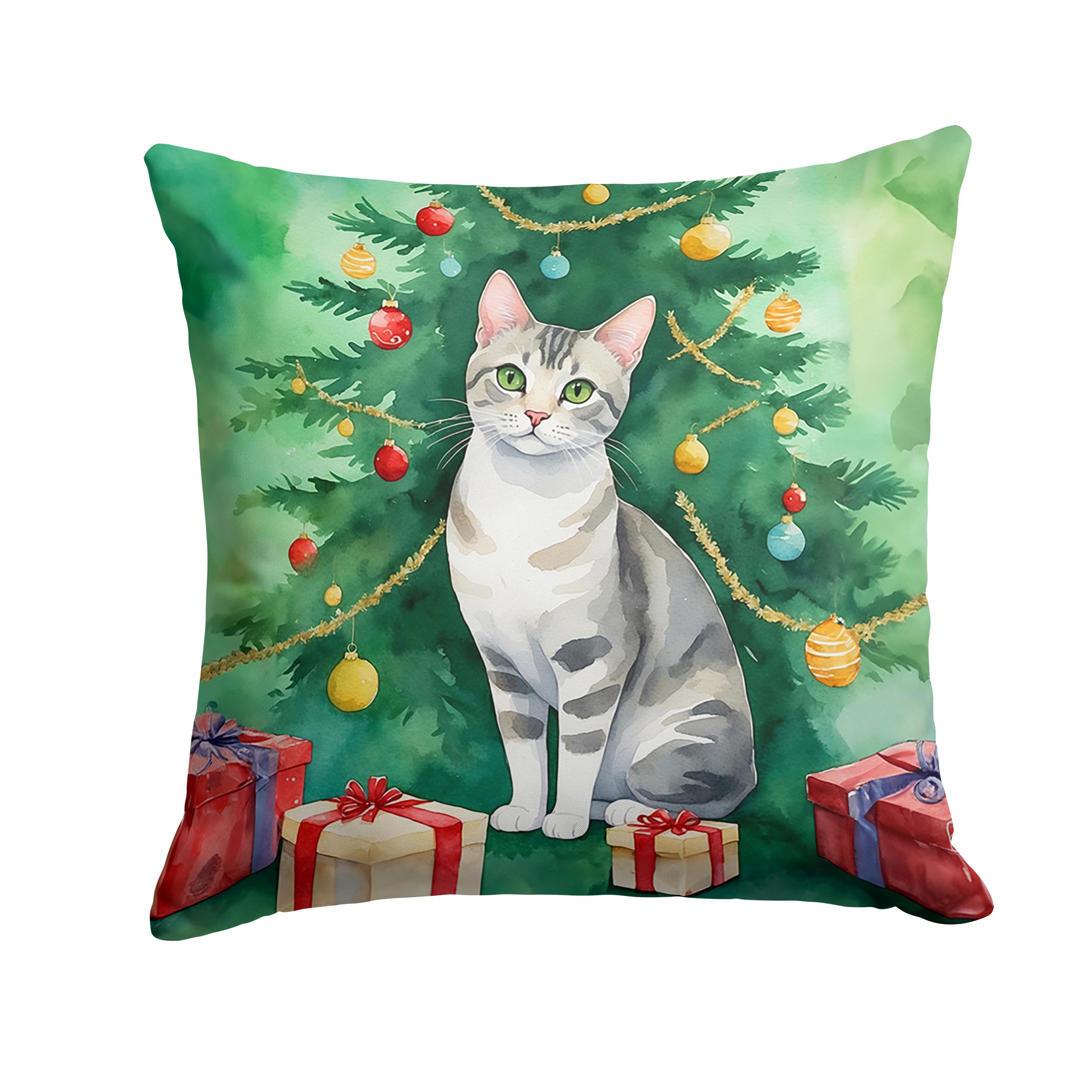 Carolines Treasures European Shorthair Cat by The Christmas Tree Throw Pillow Machine Washable, Indoor Outdoor Decorative Pillow for Couch, Bed or Patio, 14Hx14W