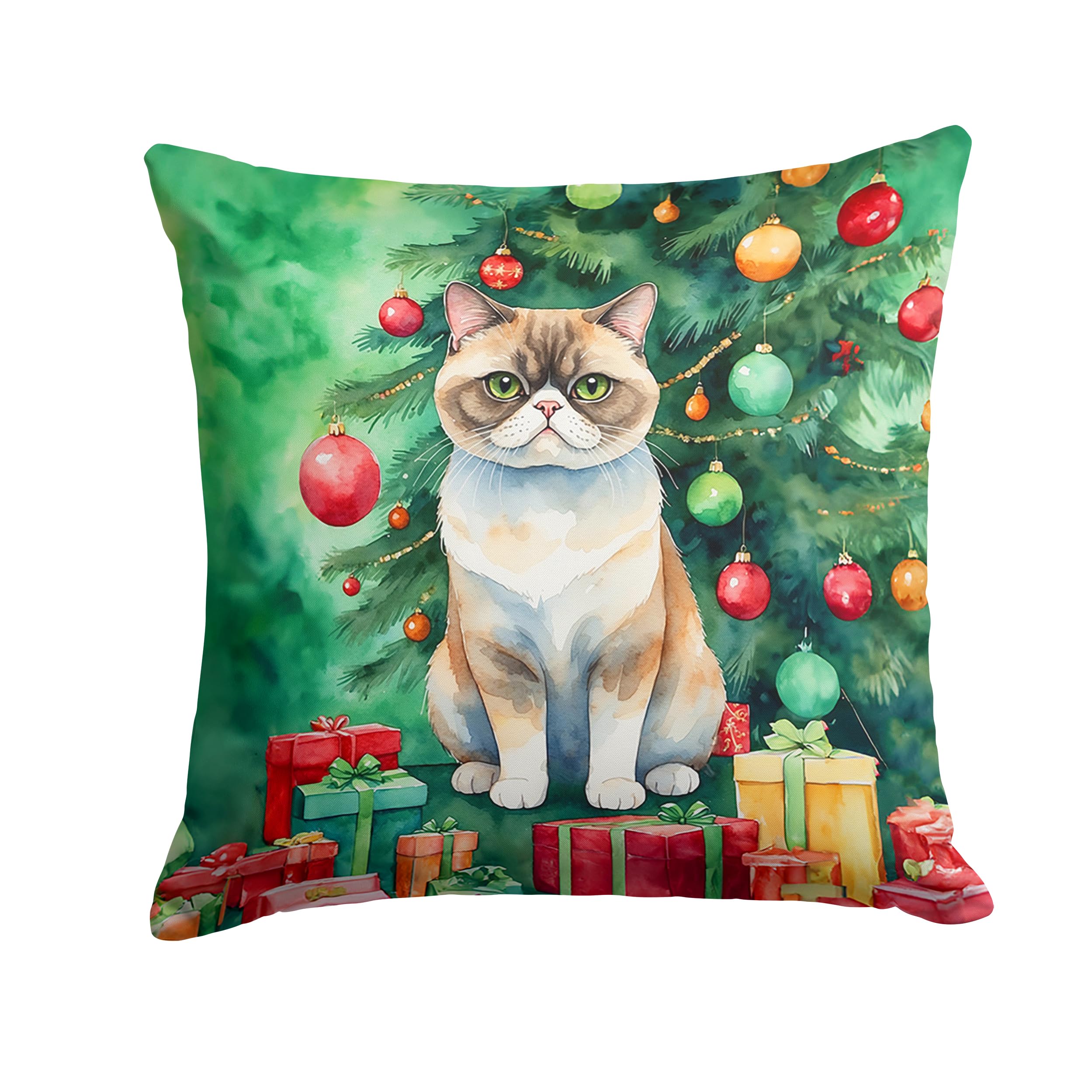 Carolines Treasures Exotic Shorthair Cat by The Christmas Tree Throw Pillow Machine Washable, Indoor Outdoor Decorative Pillow for Couch, Bed or Patio, 14Hx14W