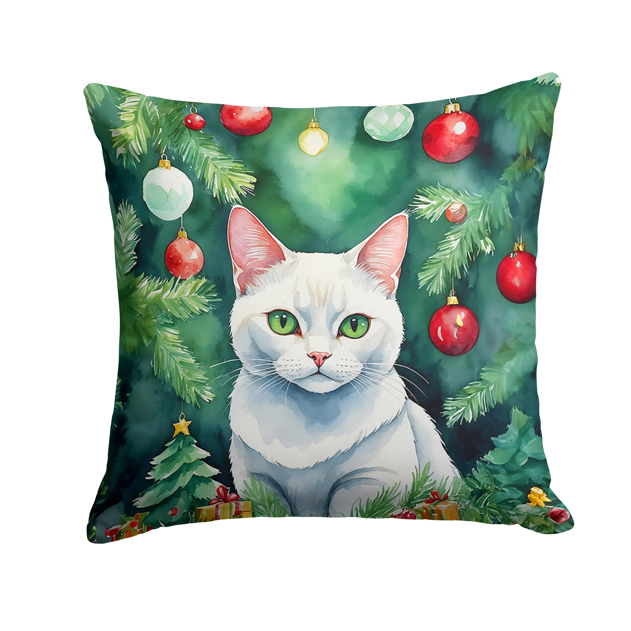 Carolines Treasures Khao Manee Cat by The Christmas Tree Throw Pillow Machine Washable, Indoor Outdoor Decorative Pillow for Couch, Bed or Patio, 14Hx14W