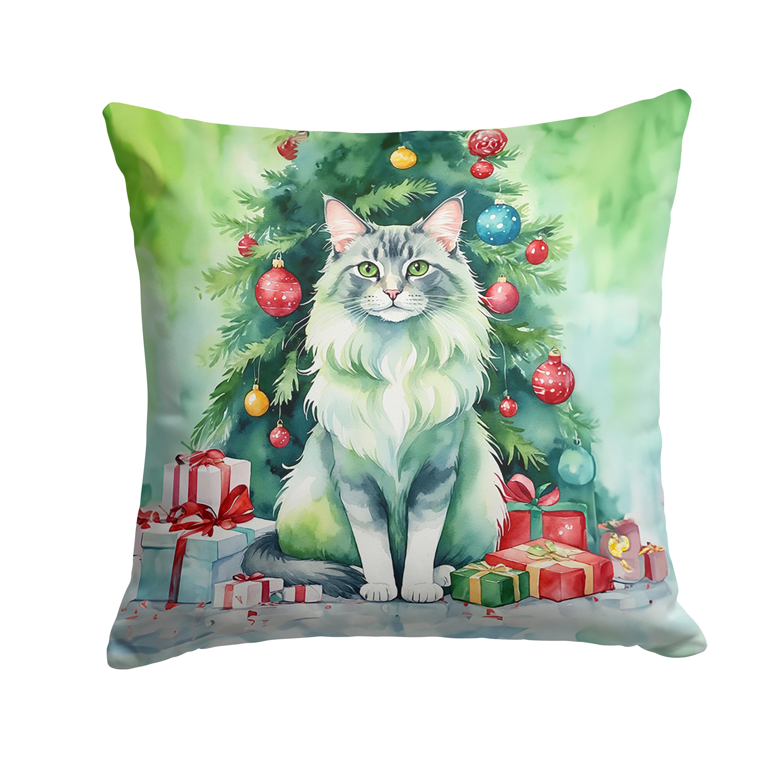 Carolines Treasures Oriental Longhair Cat by The Christmas Tree Throw Pillow Machine Washable, Indoor Outdoor Decorative Pillow for Couch, Bed or Patio, 14Hx14W