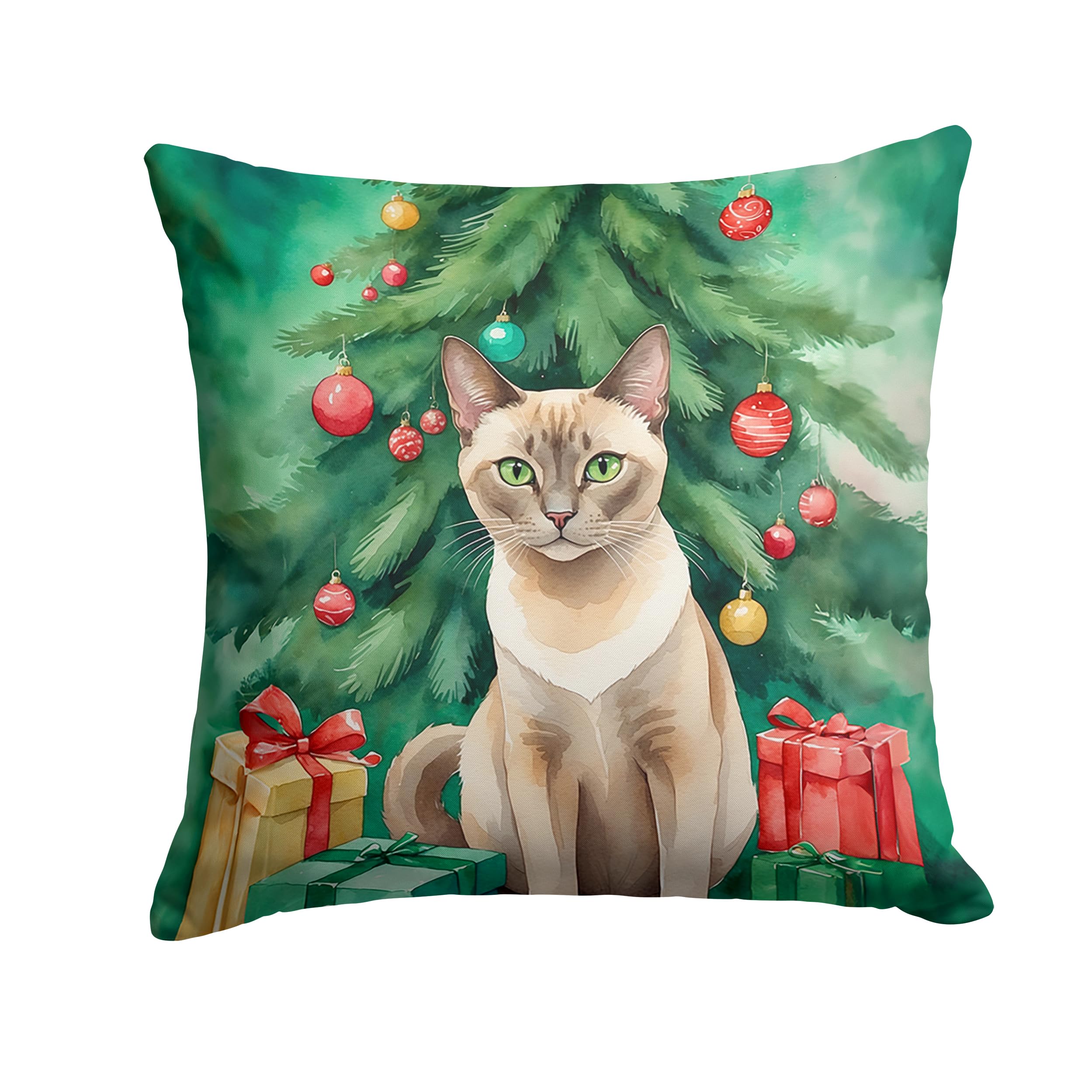 Carolines Treasures Tonkinese Cat by The Christmas Tree Throw Pillow Machine Washable, Indoor Outdoor Decorative Pillow for Couch, Bed or Patio, 14Hx14W
