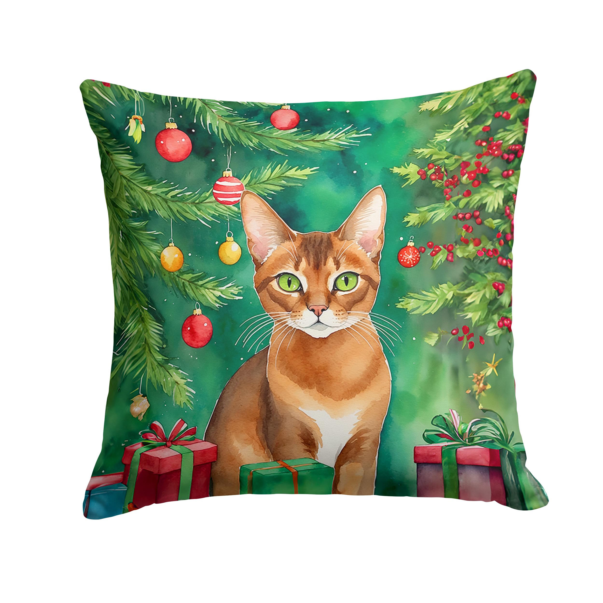 Carolines Treasures Abyssinian Cat by The Christmas Tree Throw Pillow Machine Washable, Indoor Outdoor Decorative Pillow for Couch, Bed or Patio, 18Hx18W
