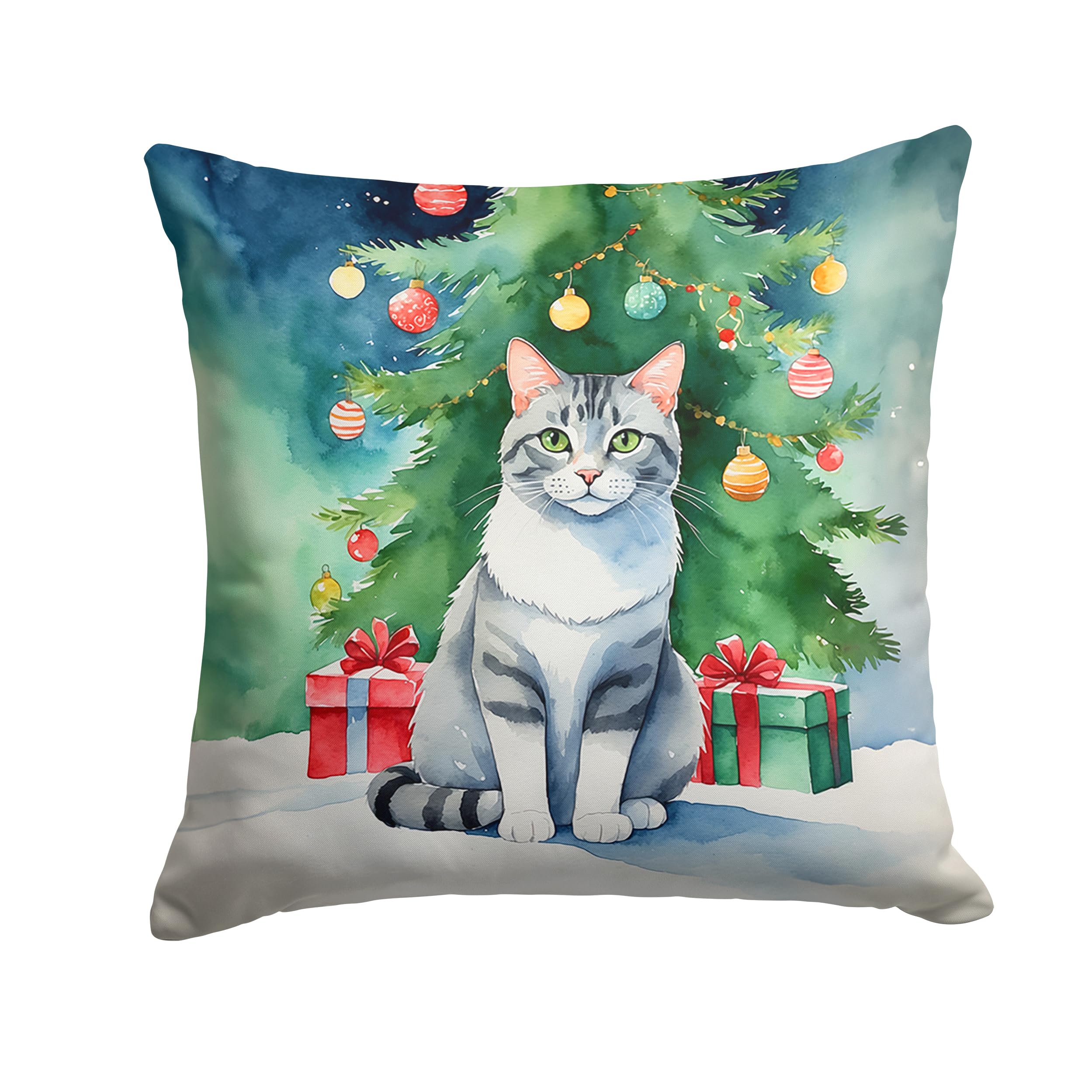 Carolines Treasures Aegean Cat by The Christmas Tree Throw Pillow Machine Washable, Indoor Outdoor Decorative Pillow for Couch, Bed or Patio, 18Hx18W