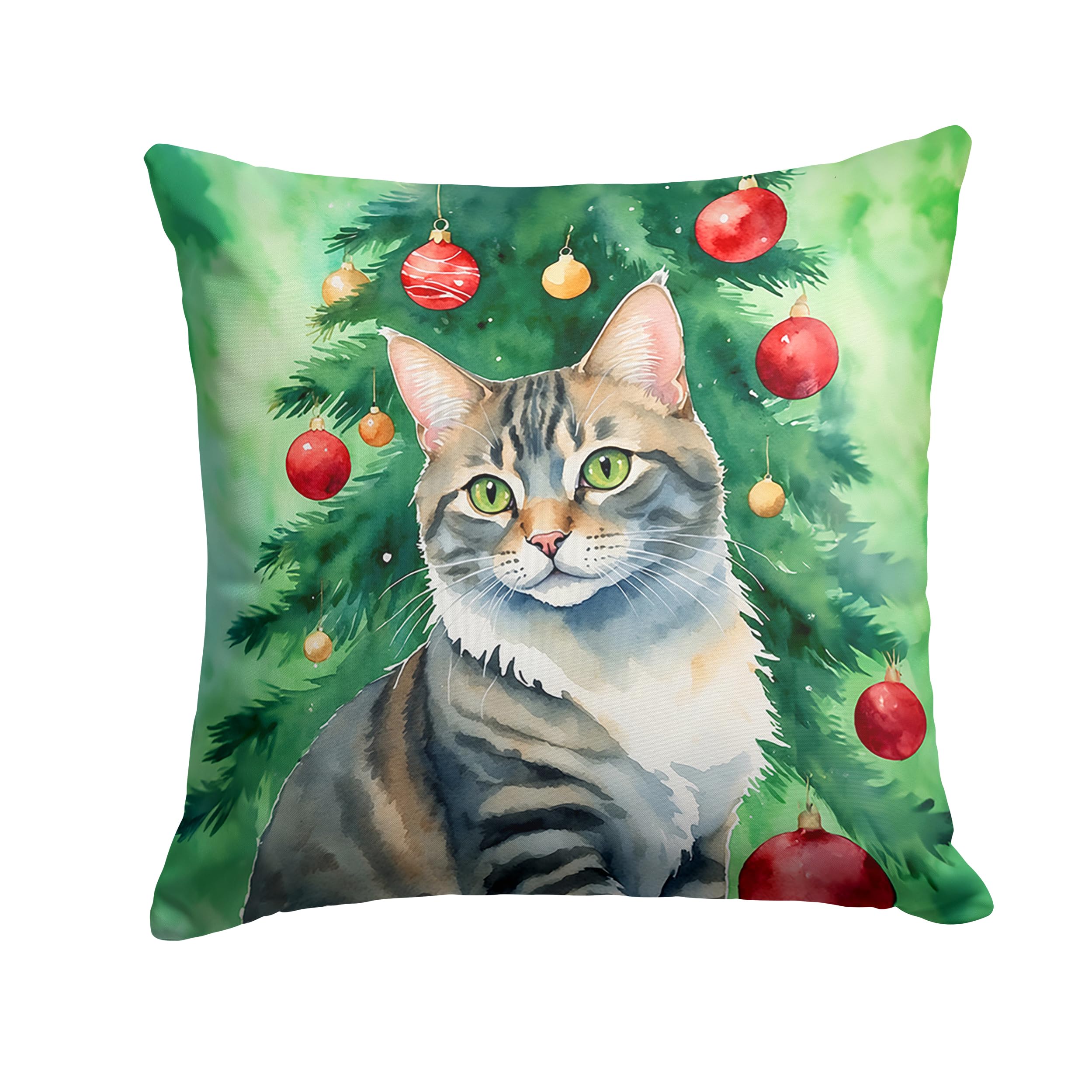 Carolines Treasures American Bobtail Cat by The Christmas Tree Throw Pillow Machine Washable, Indoor Outdoor Decorative Pillow for Couch, Bed or Patio, 18Hx18W