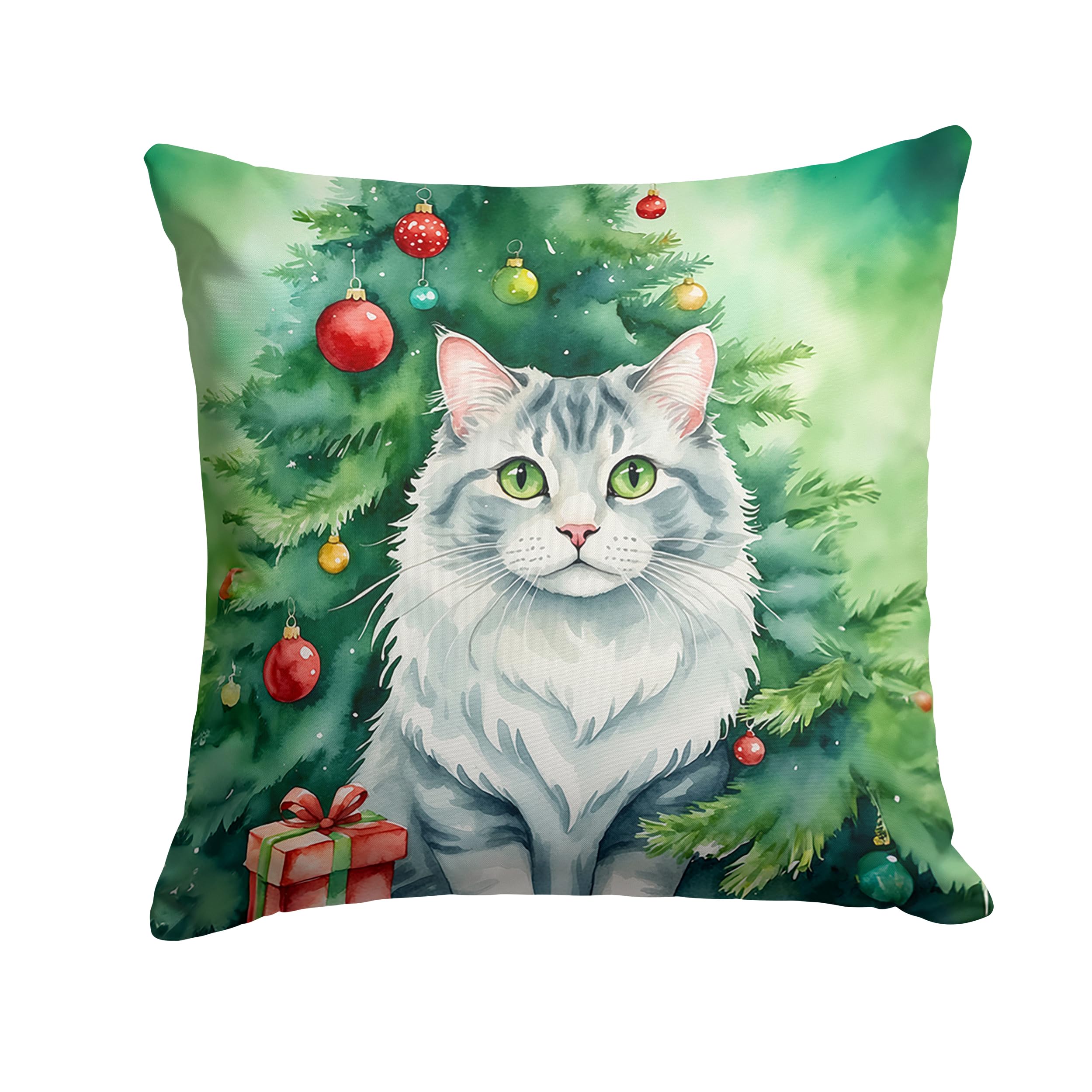 Carolines Treasures American Curl Cat by The Christmas Tree Throw Pillow Machine Washable, Indoor Outdoor Decorative Pillow for Couch, Bed or Patio, 18Hx18W