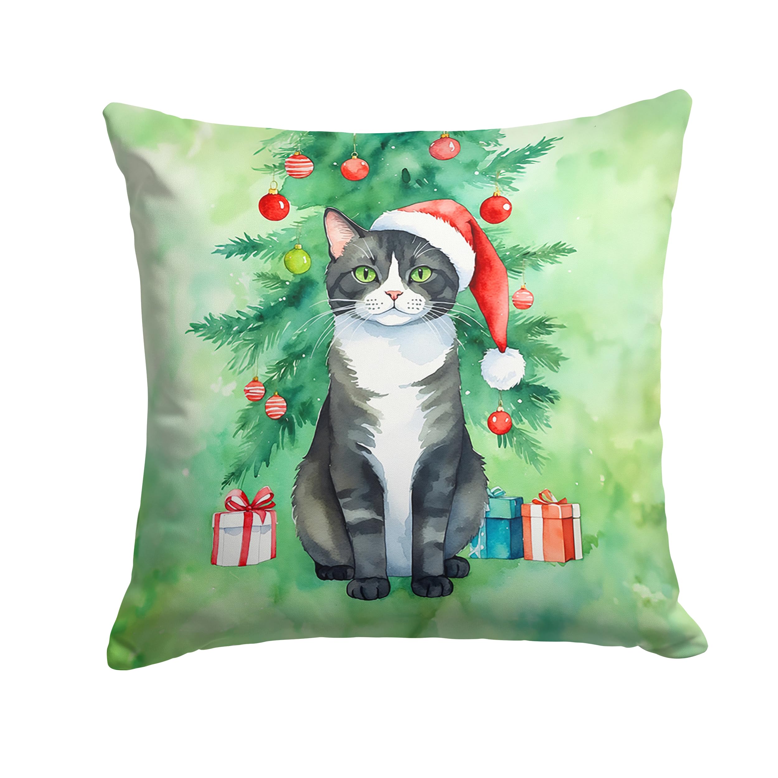 Carolines Treasures American Polydactyl Cat by The Christmas Tree Throw Pillow Machine Washable, Indoor Outdoor Decorative Pillow for Couch, Bed or Patio, 18Hx18W
